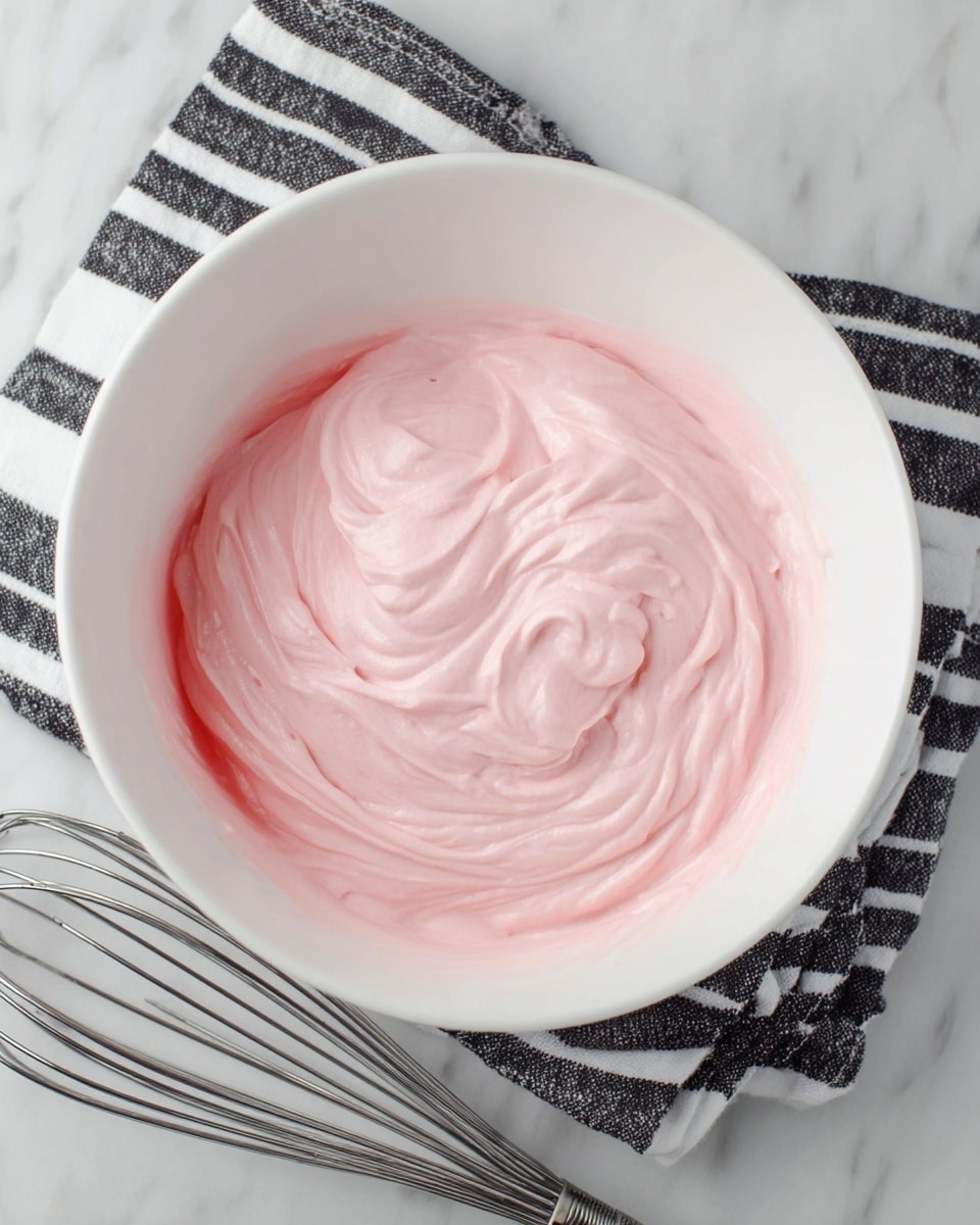 A white bowl filled with thick, smooth pink cream showing soft swirls and light airy texture. The bowl sits on a white marbled surface, with a black and white striped cloth underneath. A metal whisk is placed next to the bowl, slightly visible at the bottom left. photo taken with an iphone --ar 4:5 --v 7
