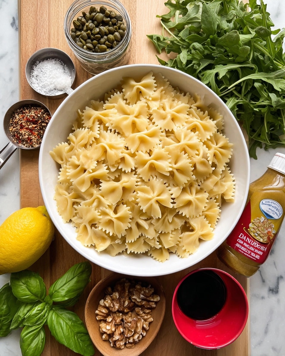 A white bowl filled with dry farfalle pasta sits in the center on a wooden surface. Around the bowl are fresh green arugula on the top right, a glass jar of capers, a wooden dish with salt, black pepper, and red spice on the top left, a small bunch of fresh basil and a whole yellow lemon at the bottom left, a metal measuring cup half full of walnuts at the bottom right, a small red cup filled with a dark liquid just above the walnuts, and a bottle of Dijon mustard on the bottom right corner. The surface is a white marbled texture. photo taken with an iphone --ar 4:5 --v 7