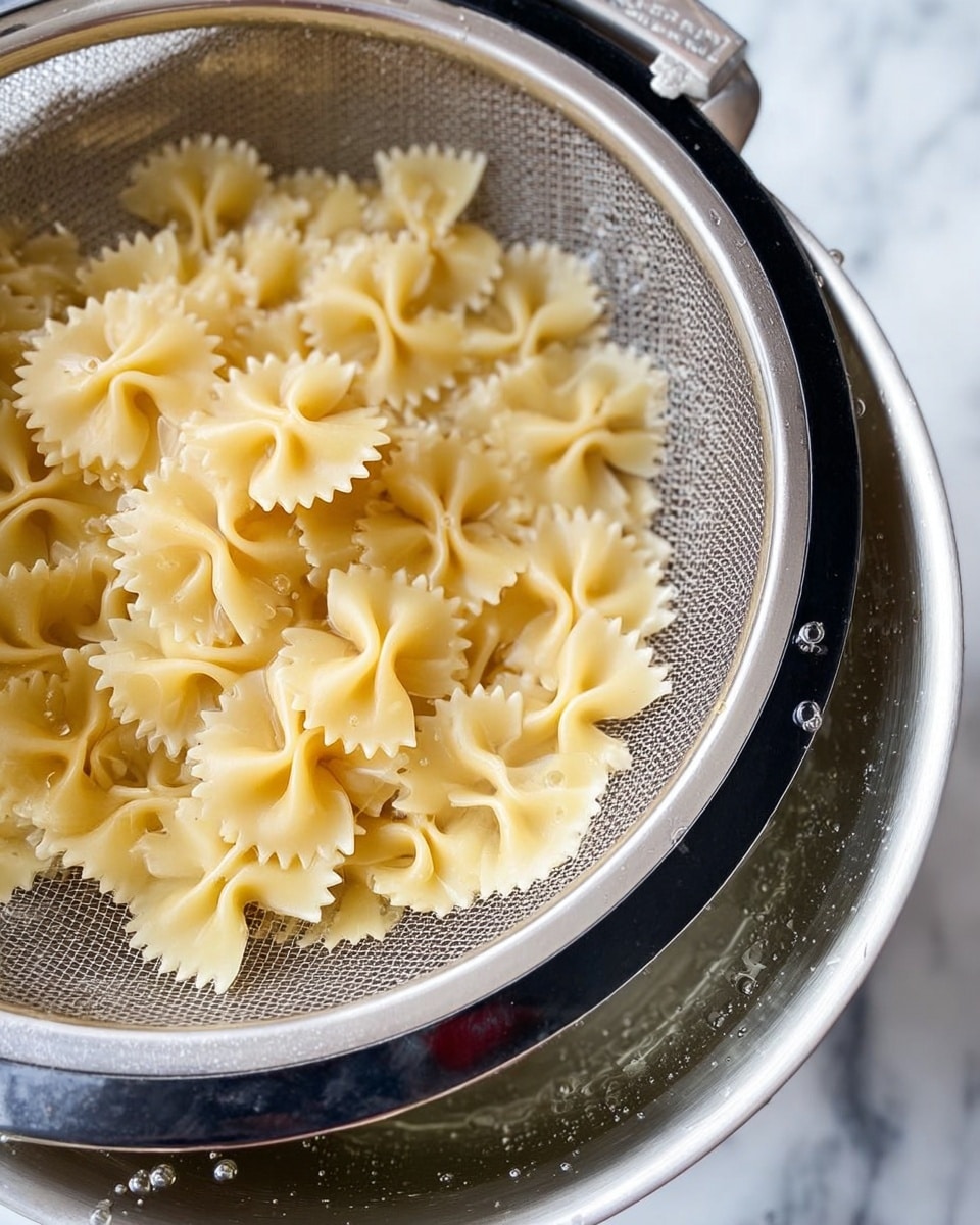 The image shows a silver colander full of cooked farfalle pasta, which is pale yellow and slightly glossy, being held above a silver pot with clear water inside. The pasta pieces are shaped like bow ties, layered closely together filling the colander. The pot and colander have small water droplets on them. The background is a white marbled surface, and the colander’s black and silver rim is visible in the close-up view photo taken with an iphone --ar 4:5 --v 7