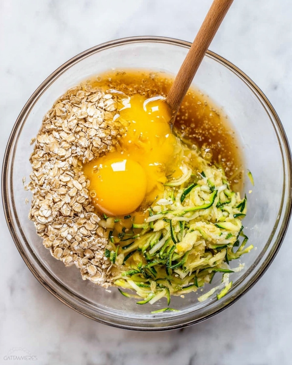 A clear glass bowl shows a mix of raw ingredients layered inside on a white marbled surface. The bottom layer is light brown rolled oats with a rough texture. On the right side of the bowl, there is a pile of shredded green zucchini with a moist, soft texture. On the left, a raw egg with a bright yellow yolk and shiny, clear egg white is touching the oats. Over the oats and egg is a thick, light amber liquid honey that partly covers the oats and egg white. A wooden spoon with a smooth, light brown handle dips into the ingredients from the bottom right corner of the bowl. Photo taken with an iphone --ar 4:5 --v 7