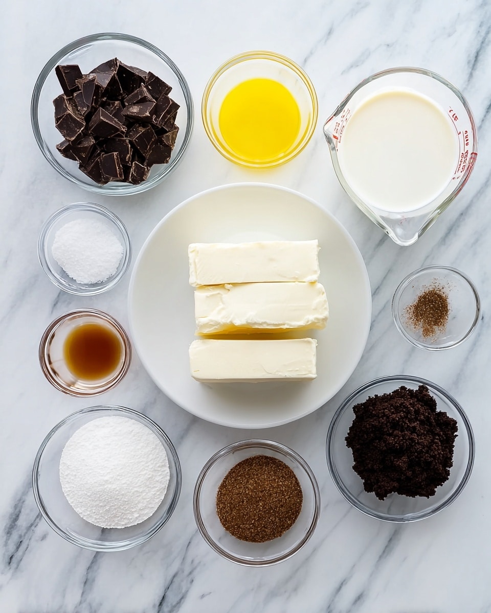 The image shows several clear glass bowls and a white plate arranged on a white marbled surface. The white plate holds three stacked blocks of smooth, soft cream cheese or similar white dairy product in the center. Surrounding the plate are eight small clear glass bowls, each containing different ingredients: finely chopped dark chocolate pieces in the top left, white granulated sugar below it, bright yellow melted butter below the sugar, a small amount of clear amber syrup in the center, light brown ground coffee or spice spice in the top right, a measuring cup with white liquid cream on the right side, white powdered sugar below the syrup, and fine dark brown crushed cookies or crumbly substance in the bottom right. The arrangement is neat and evenly spaced. photo taken with an iphone --ar 4:5 --v 7