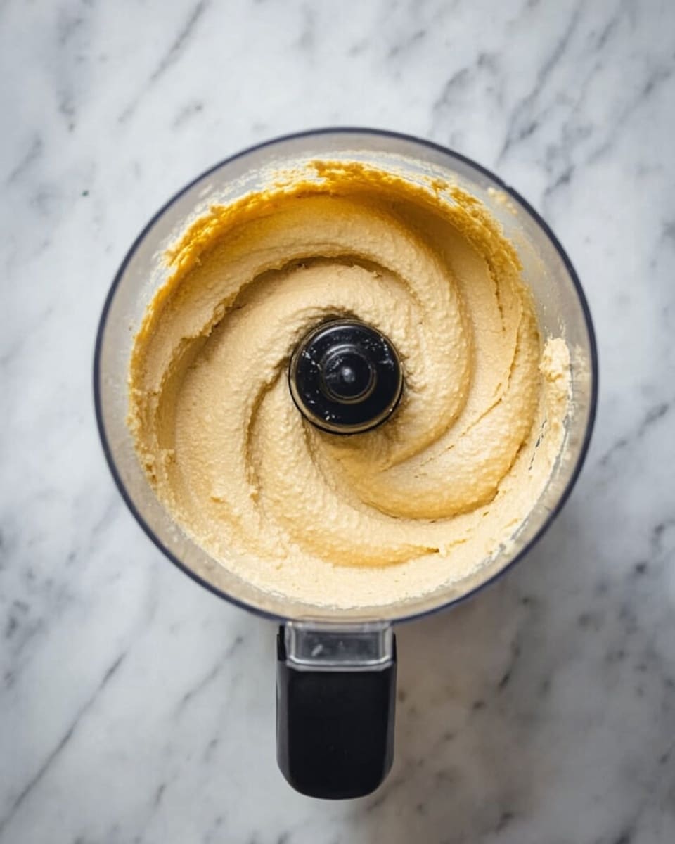 Top view of a clear food processor bowl filled with smooth, creamy beige hummus. The hummus shows soft swirling texture made by the spinning blade in the center. The black food processor handle extends to the left side. The bowl sits on a white marbled surface with soft gray veins running through it. photo taken with an iphone --ar 4:5 --v 7