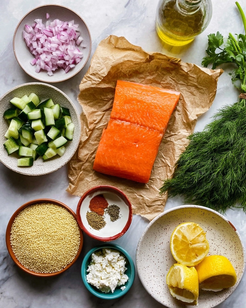 A flat lay of raw cooking ingredients on a white marbled surface: in the center, a bright orange raw salmon fillet rests on crumpled light brown parchment paper; to the top right, a white speckled plate holds fresh green parsley and dill leaves; below the herbs, a white bowl is filled with irregular chunks of light green cucumber; next to it on the right, two lemon halves show their bright yellow and juicy interior; below and left of the lemon, a round ochre bowl is filled with uncooked pale yellow couscous grains; near the bottom left, three small bowls hold different items—a brown bowl with white cottage cheese, a red-rimmed white bowl with a coarse spice blend, and a red-rimmed turquoise bowl with creamy mustard; above the salmon to the left, a textured white bowl contains diced red onions; and to the far left, a glass bottle filled with golden olive oil adds a warm tone; all are arranged neatly and well-lit, photo taken with an iphone --ar 4:5 --v 7