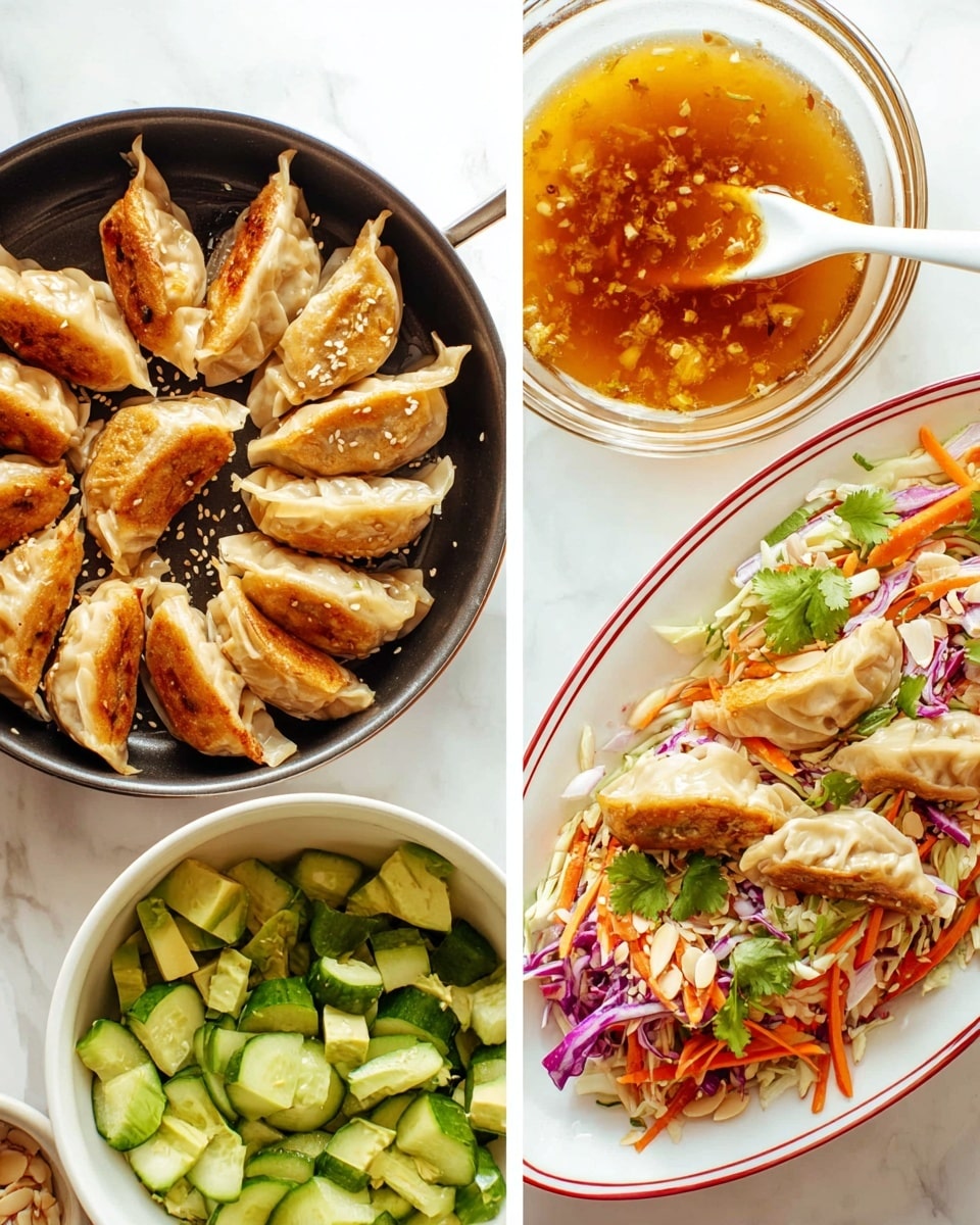 The image shows four close-up sections of a food preparation process on a white marbled surface. The top left section shows a black pan with nine golden brown pan-fried dumplings arranged in a circle with some softness and crimped edges. The top right section displays a clear glass bowl filled with amber-colored dipping sauce with small bits inside and a white spoon resting in it. The bottom left section presents a white bowl filled with chopped fresh vegetables: bright green cucumber slices, pale green avocado chunks, thinly sliced purple-red onions, chopped cilantro, orange shredded carrots, and some beige almond slices, all layered on top of a base of light shredded cabbage. The bottom right section reveals a white oval plate with a thin red trim holding the mixed salad with dumplings on top, showing the folded dumplings scattered across a colorful mix of sliced cucumbers, avocado, shredded carrots, cabbage, onions, cilantro, and almond slices, all lightly sprinkled with black sesame seeds. photo taken with an iphone --ar 4:5 --v 7