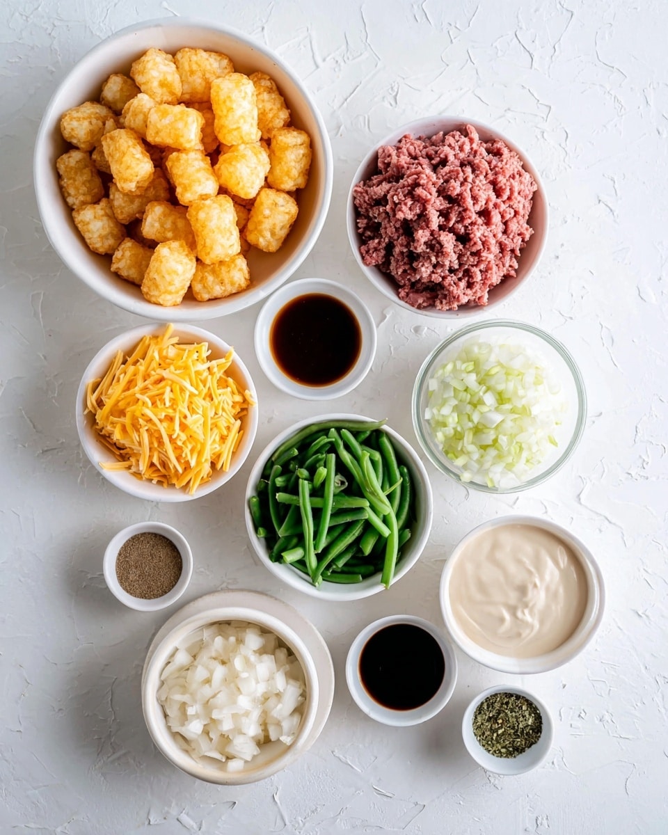 The image shows a collection of ingredients arranged on a white marbled surface, each placed in a white bowl or small white dish. The largest bowl contains light golden crispy tater tots with a rough texture. Next to it, there is a bowl with raw ground beef, showing a mix of red and brown colors with a minced texture. A separate bowl holds bright green frozen cut green beans, covered in frost. Another bowl contains shredded yellow and white cheese with thin, uneven strips. There is a smaller bowl filled with finely chopped white onions with a moist texture. A creamy white sauce sits in another bowl, smooth and thick. Additional small white dishes contain dark brown soy sauce, beige powder seasoning, green dried herbs, black ground pepper, and white salt. The organized layout and clean presentation make the ingredients visually clear and easy to identify. Photo taken with an iphone --ar 4:5 --v 7