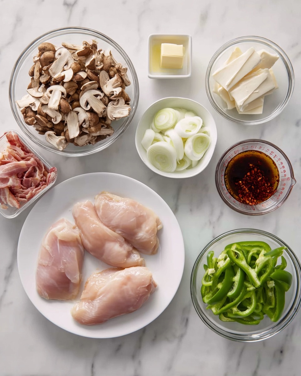 Monterey Chicken Recipe 5 The image shows a white plate on the left side with three raw chicken pieces that are light pink and smooth. Next to it, there is a clear glass bowl filled with chopped brown mushrooms on the top left. To the right of the mushrooms, there is a small white bowl holding several slices of white cheese. Below the cheese, a tiny clear bowl contains a small square of pale yellow butter. On the far right, a clear measuring cup holds a dark brown sauce with red chili flakes. Below the sauce, a clear bowl contains green sliced bell peppers, and next to it on the left is another clear bowl with white, sliced onions. In the center, there is a little clear bowl with rolled bacon strips that are light pink and white. All bowls and plate sit on a white marbled surface. photo taken with an iphone --ar 4:5 --v 7