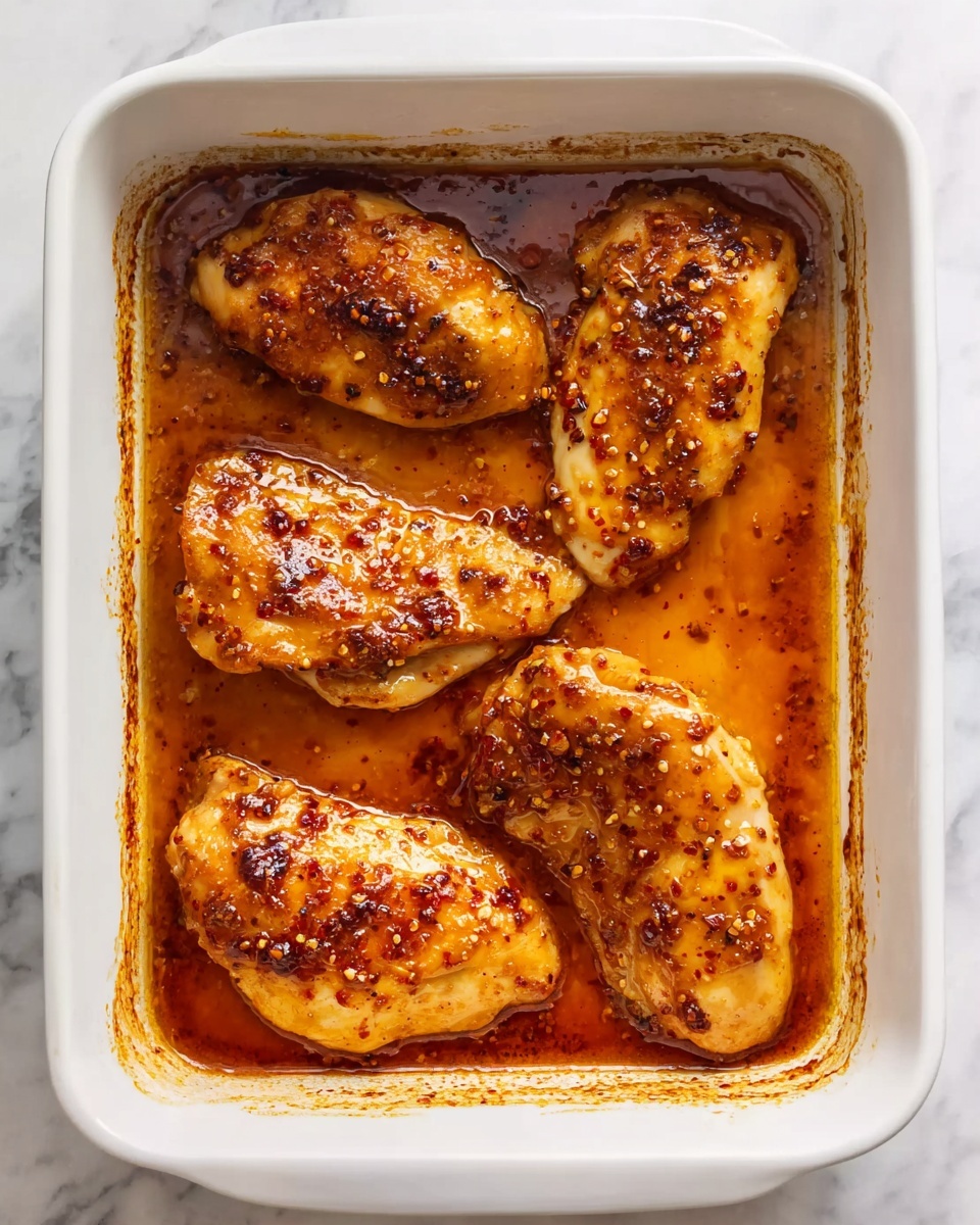 Monterey Chicken Recipe 6 A white rectangular baking dish filled with four golden brown chicken pieces, each covered in a thick, shiny, dark orange glaze with small bits of seasoning spread on top. The sauce pools around the chicken, giving a rich, oily texture with darker edges where it has baked. The background shows a white marbled surface under the dish, adding clean contrast to the warm colors of the food. photo taken with an iphone --ar 4:5 --v 7
