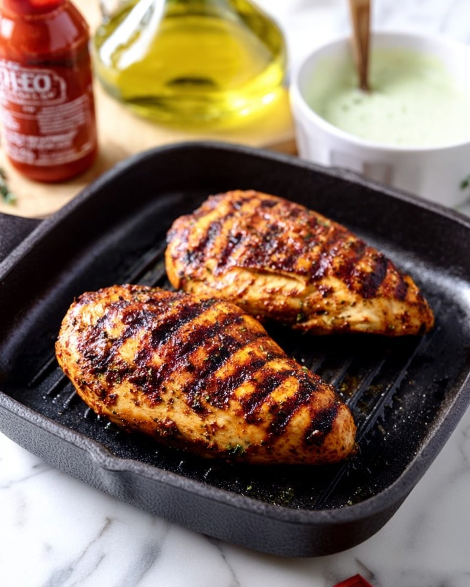 Two grilled chicken pieces with dark brown grill marks are placed side by side inside a black square grill pan. The chicken has a slightly charred and seasoned look with a crisp texture on the surface. In the background, there is a white bowl with light green sauce and a glass bottle of golden oil, along with a bottle of red buffalo sauce. All items rest on a white marbled surface. Photo taken with an iphone --ar 4:5 --v 7
