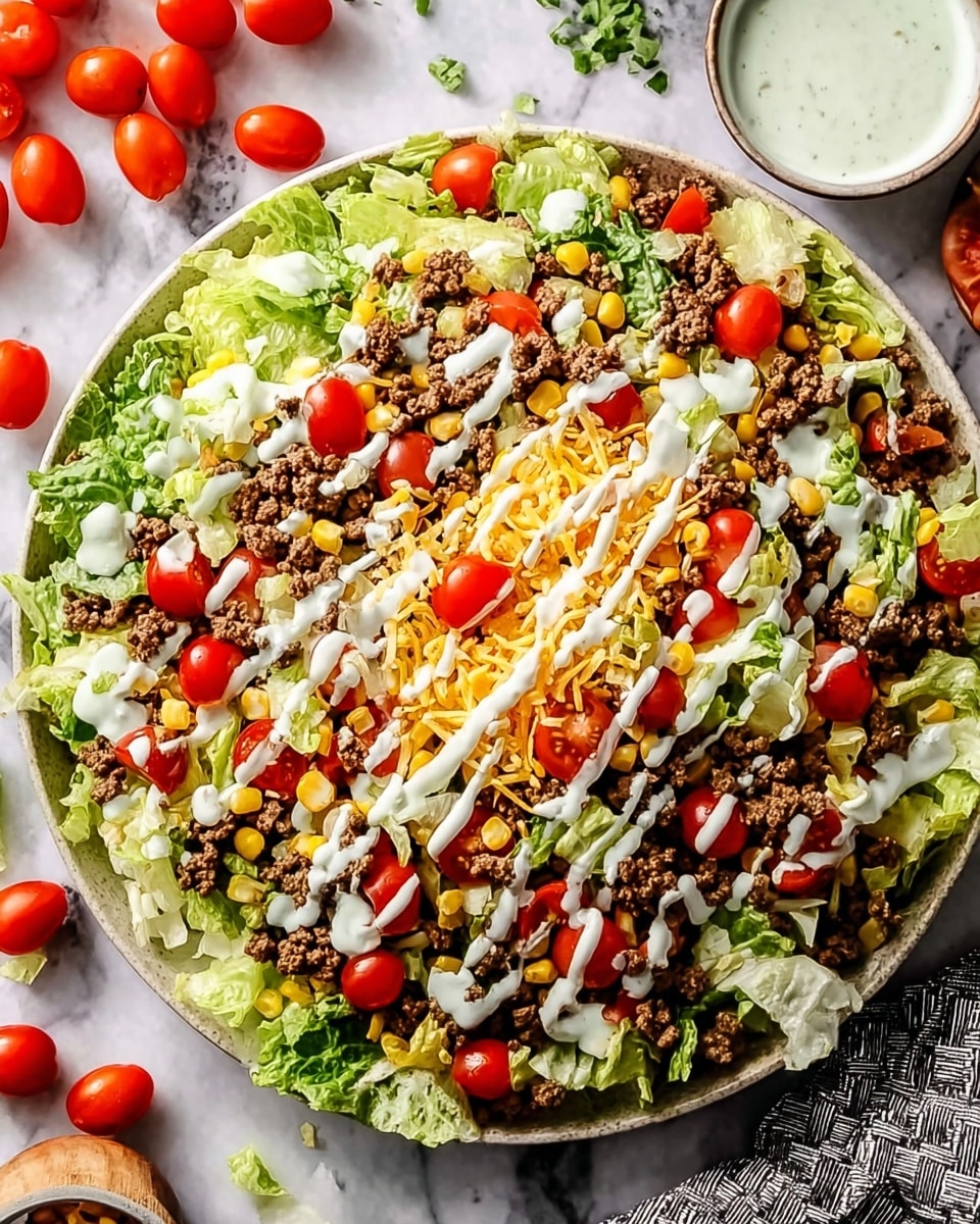 Quick and Easy Taco Salad with Seasoned Ground Beef, Fresh Veggies, and Cilantro Lime Dressing Recipe