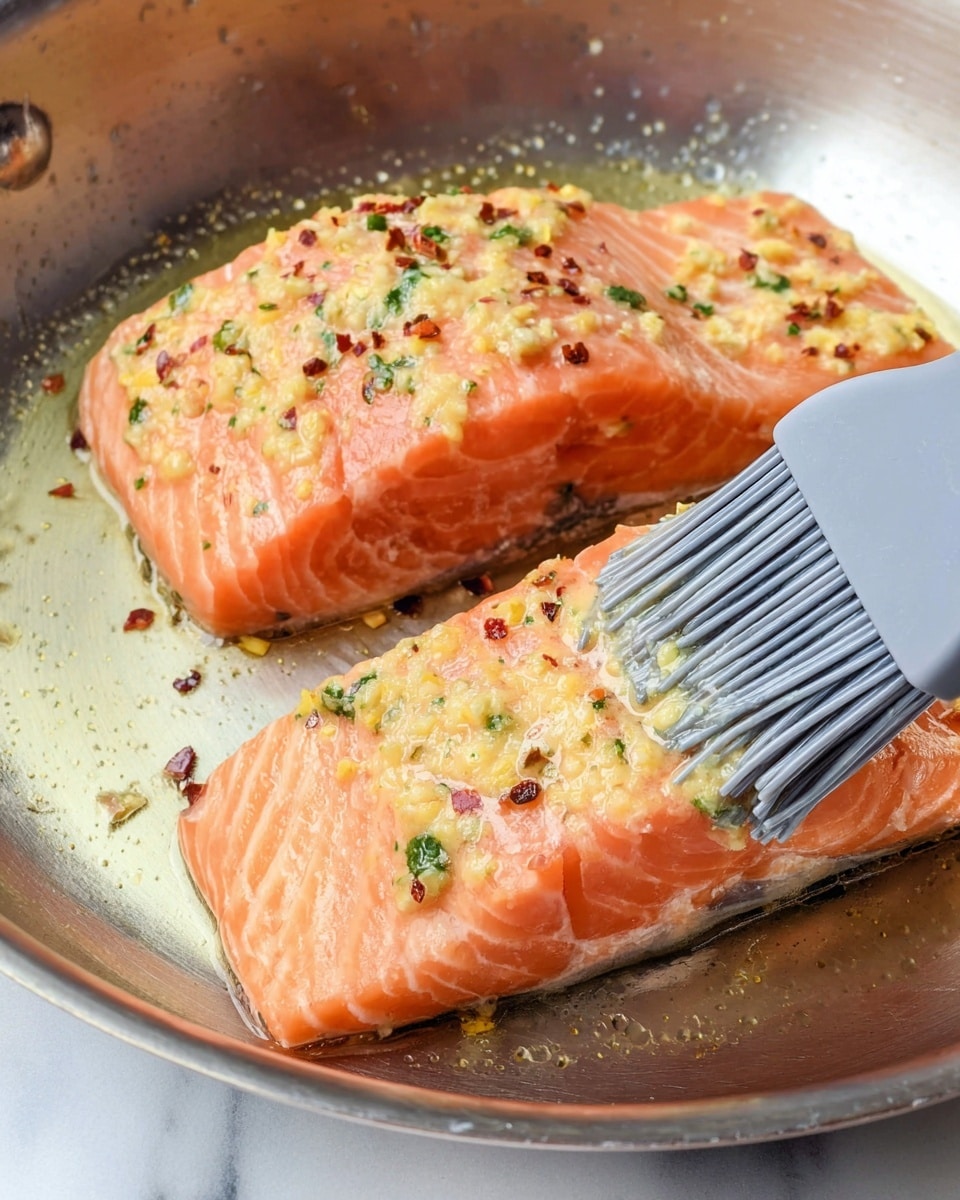 There are two raw salmon fillets with pink-orange flesh in a shiny metal pan. The top surface of each fillet is covered with a light yellow spread that has small bits of green herbs and black and red spices sprinkled across it. A gray silicone brush is spreading the mixture on the fillet at the bottom right. The pan rests on a white marbled surface. Photo taken with an iphone --ar 4:5 --v 7
