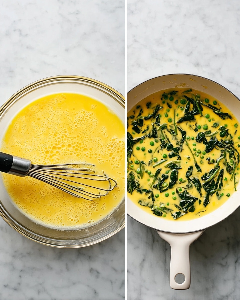 The image shows two side-by-side pictures on a white marbled surface. On the left, there is a clear glass bowl filled with a smooth yellow beaten egg mixture with small bubbles on top, and a metal whisk with a black handle resting inside. On the right, there is a white skillet filled with a yellow egg mixture dotted with green chopped spinach and green peas, the mixture looking thick and filled with different shapes and textures of the greens spread evenly across the surface. Photo taken with an iphone --ar 4:5 --v 7