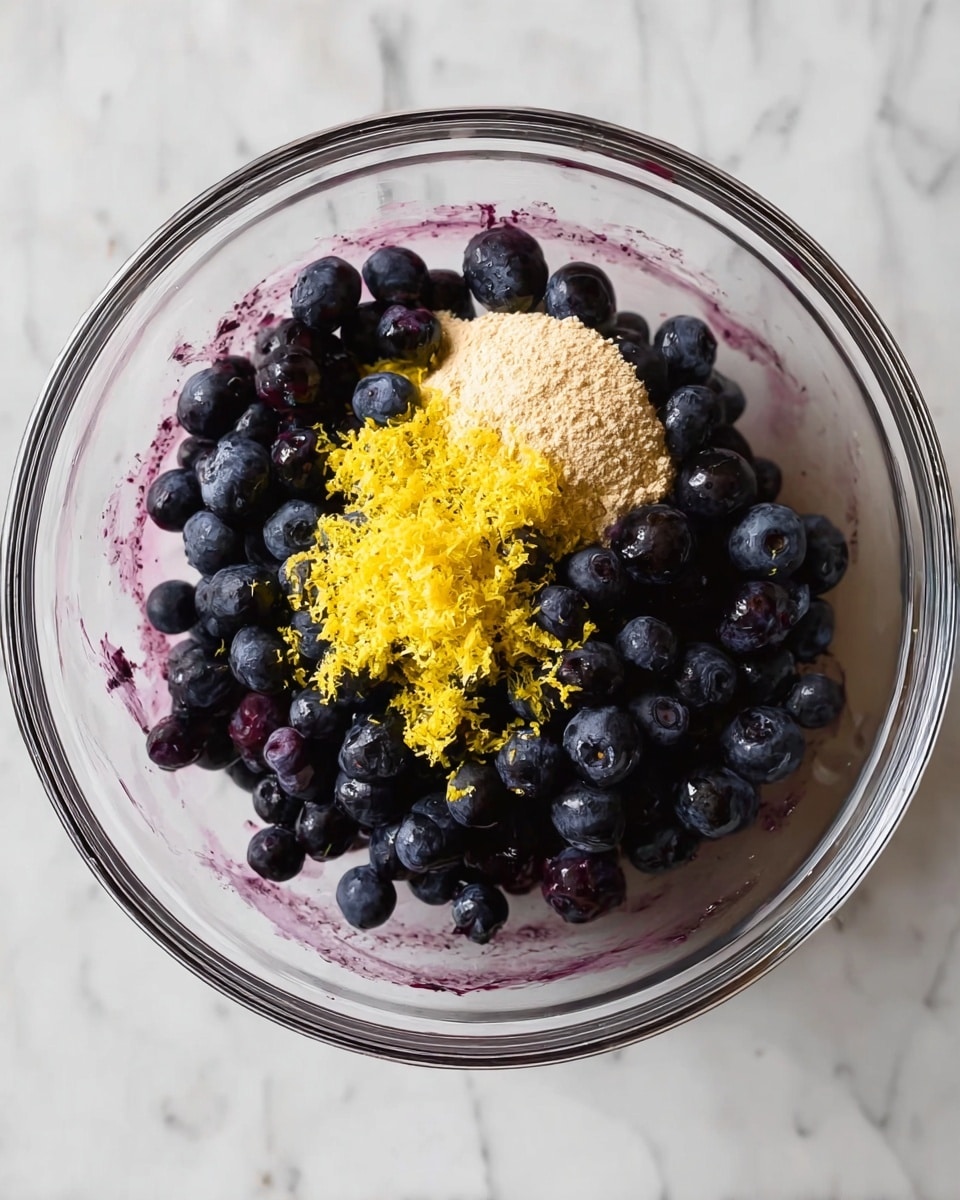 A clear glass bowl sits on a white marbled texture surface, filled mostly with dark purple and blue blueberries that have a smooth and shiny texture. On top of the blueberries, there is a small pile of light beige powder and a heap of bright yellow lemon zest, both creating a contrast against the dark berries. The inside of the bowl has some purple juice stains from the berries. The image is bright and clear, showing the fresh and natural look of the ingredients. photo taken with an iphone --ar 4:5 --v 7