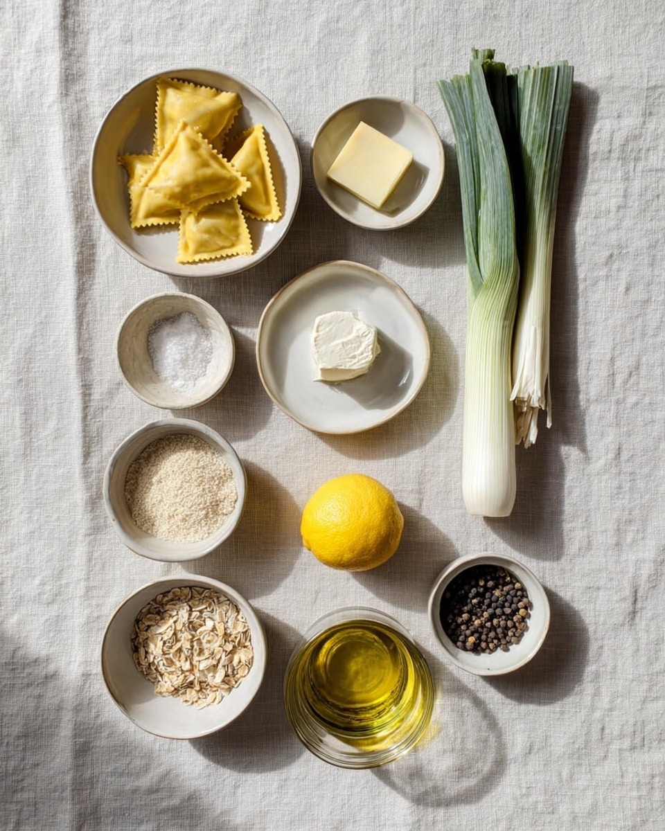 The image shows nine small white bowls and plates arranged in a grid on a light gray cloth surface, each holding different ingredients. In the top left bowl, there are triangular yellow ravioli pieces. To its right, a white plate holds a long green leek with white roots visible. Below the ravioli, a small bowl contains a round white piece of cheese or dough. Beside it, another white plate has a stick of pale yellow butter with one thin slice cut off. Next to the butter plate, a bowl holds a whole bright yellow lemon. The bottom left bowl contains coarse white salt, beside it is a bowl with a mix that looks like bread crumbs or oats. In the center bottom is a clear glass container filled with light golden olive oil, and the bottom right bowl holds small round black peppercorns. The cloth under the bowls has a soft, slightly crumpled texture, and the whole scene is lit by soft daylight. photo taken with an iphone --ar 4:5 --v 7