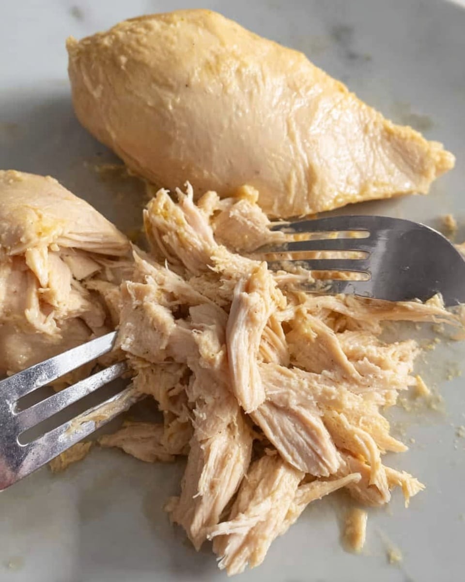 The image shows a close-up of two pieces of cooked chicken on a white plate placed over a white marbled surface. One piece is whole with a light golden-yellowish skin, while the other is being shredded with two silver forks. The shredded chicken underneath has a pale beige color and soft texture, while some small bits remain attached to the forks. The lighting highlights the moist and tender look of the chicken meat. Photo taken with an iphone --ar 4:5 --v 7