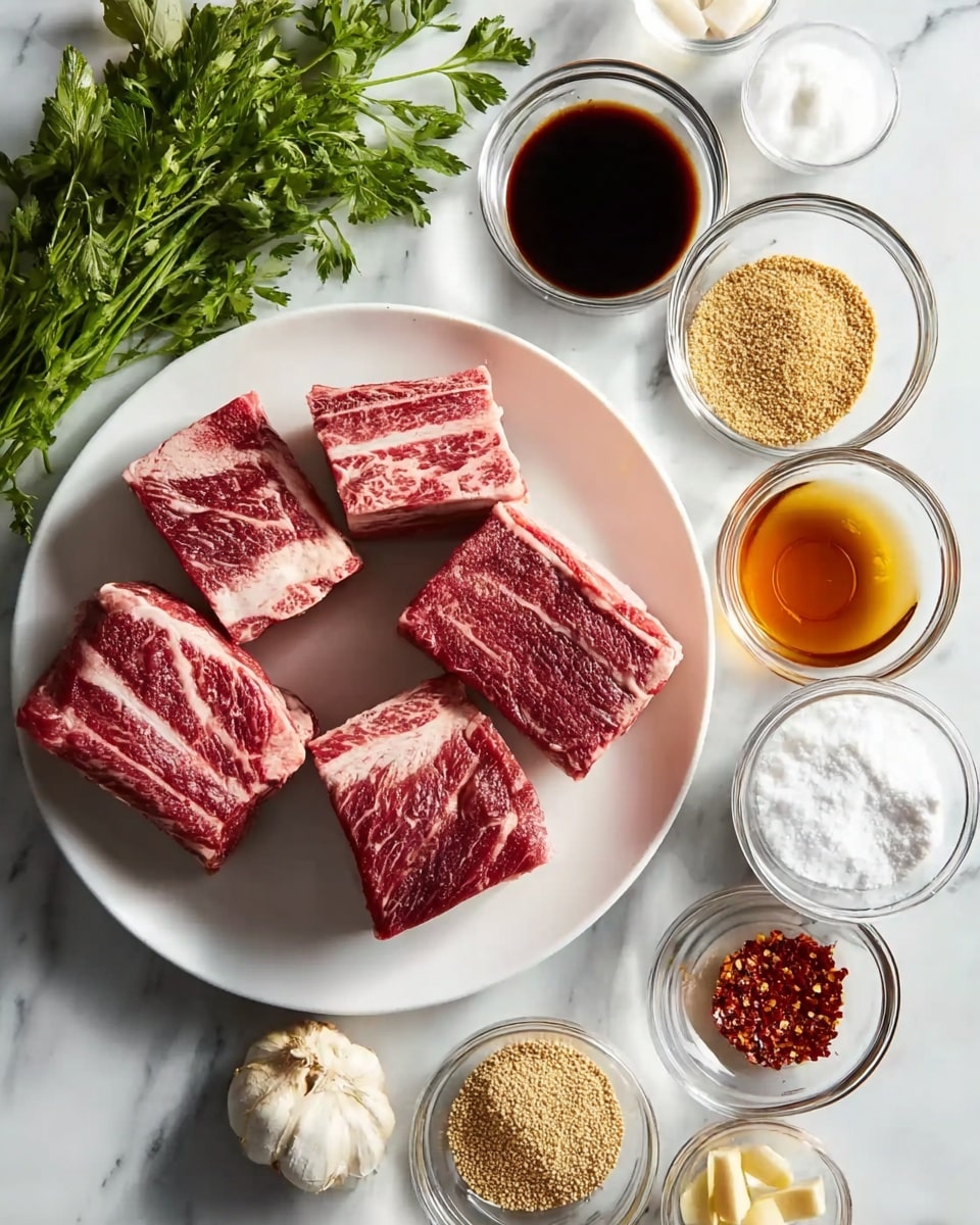 The image shows a white plate with six thick pieces of raw beef short ribs, each piece displaying red meat with white marbling and fat. Surrounding the plate are several small clear glass bowls, each holding different ingredients: one has dark soy sauce, another light brown sugar, a third with light tan sesame seeds, a fourth contains a rich amber-colored liquid, a small bowl has crushed red pepper flakes, and yet another one holds white cornstarch powder. There is also a pair of garlic cloves and minced ginger in a small bowl. Toward the left side of the image, fresh green herbs lie on the white marbled surface, adding a pop of color. The whole setup is neatly arranged on a white marbled textured surface. Photo taken with an iphone --ar 4:5 --v 7