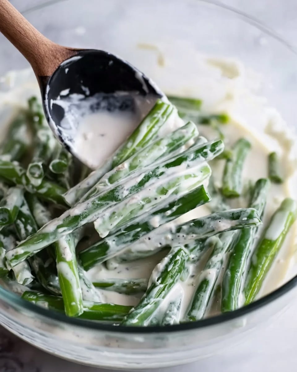 A clear glass bowl filled with green beans covered in a thick, creamy white sauce, with a black spoon scooping some of the beans and sauce. The green beans are fresh and whole, layered within the creamy sauce that clings smoothly to them, and the bowl is set against a white marbled surface. The textures show the contrast between the firm beans and the soft, rich sauce. photo taken with an iphone --ar 4:5 --v 7