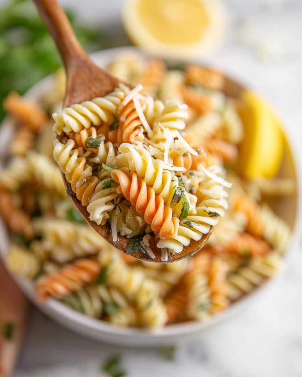 The image shows a close-up of a wooden spoon holding a colorful mix of tri-color rotini pasta, with orange, white, and greenish swirls. The pasta on the spoon is sprinkled with small green herb pieces and thin white shreds, likely cheese, giving a fresh look. Below, the bowl is filled with the same tri-color pasta mixed with herbs, and a lemon wedge is visible on the side of the white bowl. The background is a white marbled surface with soft, blurred elements to keep focus on the pasta. photo taken with an iphone --ar 4:5 --v 7