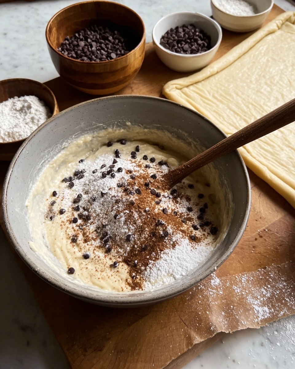 A large gray bowl is filled with a creamy white batter mixed with small dark chocolate chips and a dusting of brown cinnamon and white powdered sugar on top. A wooden spoon is resting inside the bowl on the right side. Behind it, a piece of light dough is laid flat on wax paper on a wooden table. In the background, there are two small white bowls, one filled with more chocolate chips and the other with powdered sugar, alongside a brown wooden bowl with more powdered sugar. The scene is set on a white marbled surface. Photo taken with an iphone --ar 4:5 --v 7