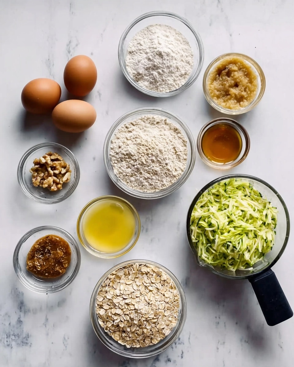 The image shows multiple small glass bowls and containers arranged neatly on a white marbled surface. The bowls hold ingredients including two whole brown eggs near the top center, a large bowl with oat flakes at the bottom center, a medium bowl with flour to the left of the eggs, and other smaller bowls containing crushed nuts, honey, oil, applesauce, and a yellow powder. There is a black measuring cup filled with shredded green zucchini on the bottom right. A woman's hand can be imagined reaching to combine these fresh and colorful ingredients. Photo taken with an iphone --ar 4:5 --v 7