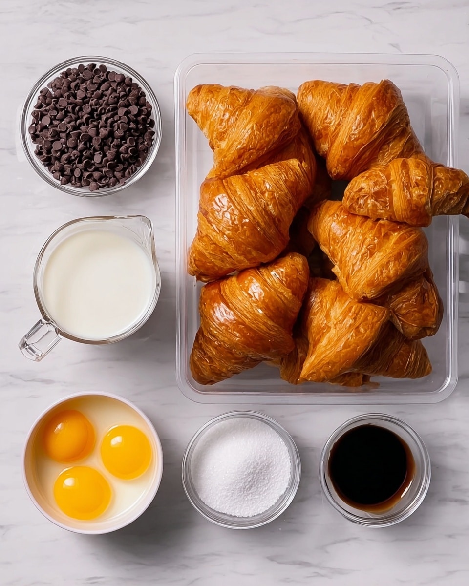 The image shows six golden brown croissants arranged neatly in a clear plastic container on the left side. To the right, there are five white bowls and containers on a white marbled surface: the top left bowl is filled with small, dark brown chocolate chips; next to it is a glass measuring cup with white milk; below the milk is a small white bowl with three cracked raw eggs showing bright yellow yolks and clear whites; below the chocolate chips is a clear glass bowl filled with white granulated sugar; at the top right is a tiny white bowl with a dark brown liquid, likely vanilla extract. photo taken with an iphone --ar 4:5 --v 7