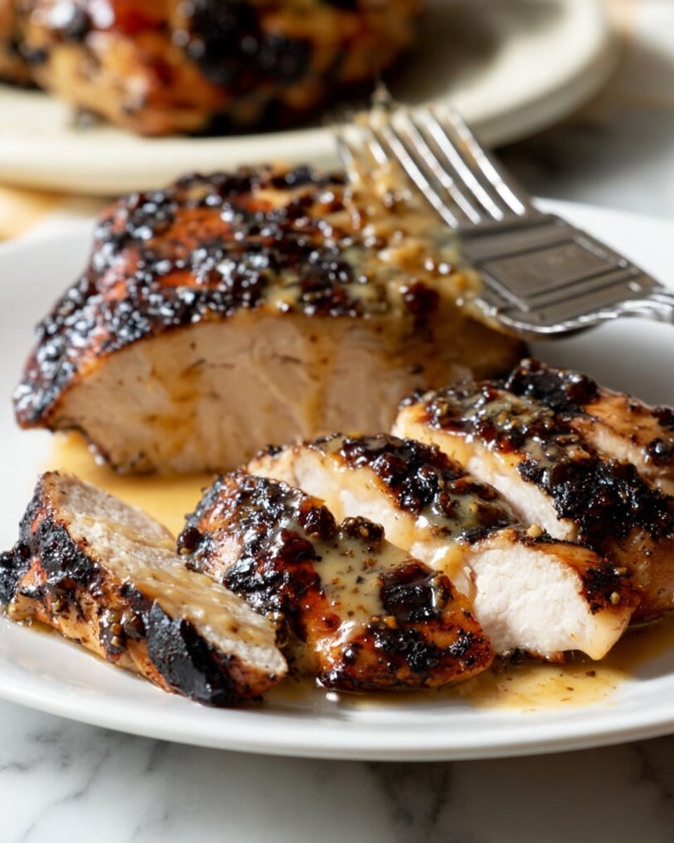 A white plate on a white marbled surface holds a thick piece of grilled chicken with a dark, slightly charred skin layer on the outside. The chicken is sliced, showing the inside layer of tender, light meat with a juicy texture. The chicken is glazed with a shiny, creamy sauce that highlights the char marks and brings out the texture. A fork and brush with sauce are placed nearby, with the focus on the front chicken piece. Photo taken with an iphone --ar 4:5 --v 7