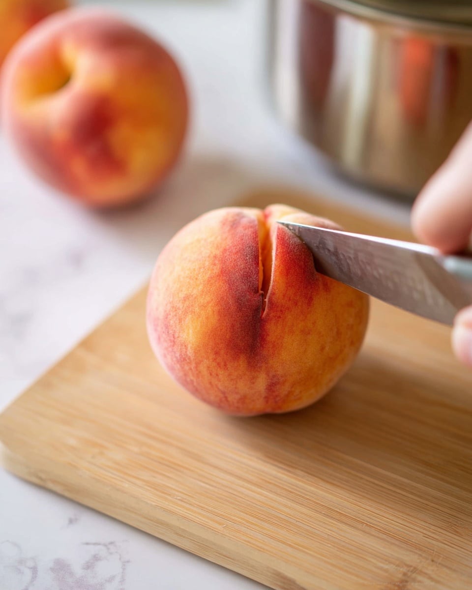 A close-up image shows a woman's hand holding a knife slicing a fuzzy peach in half on a light wooden cutting board. The peach is a soft orange-pink color with a visible crease down the middle where the knife is cutting. Another whole peach sits slightly blurred in the background on a white marbled surface. A shiny silver pot is also faintly visible on the right side of the image. The scene is bright with natural light highlighting the textures of the peach and the wood grain of the cutting board photo taken with an iphone --ar 4:5 --v 7