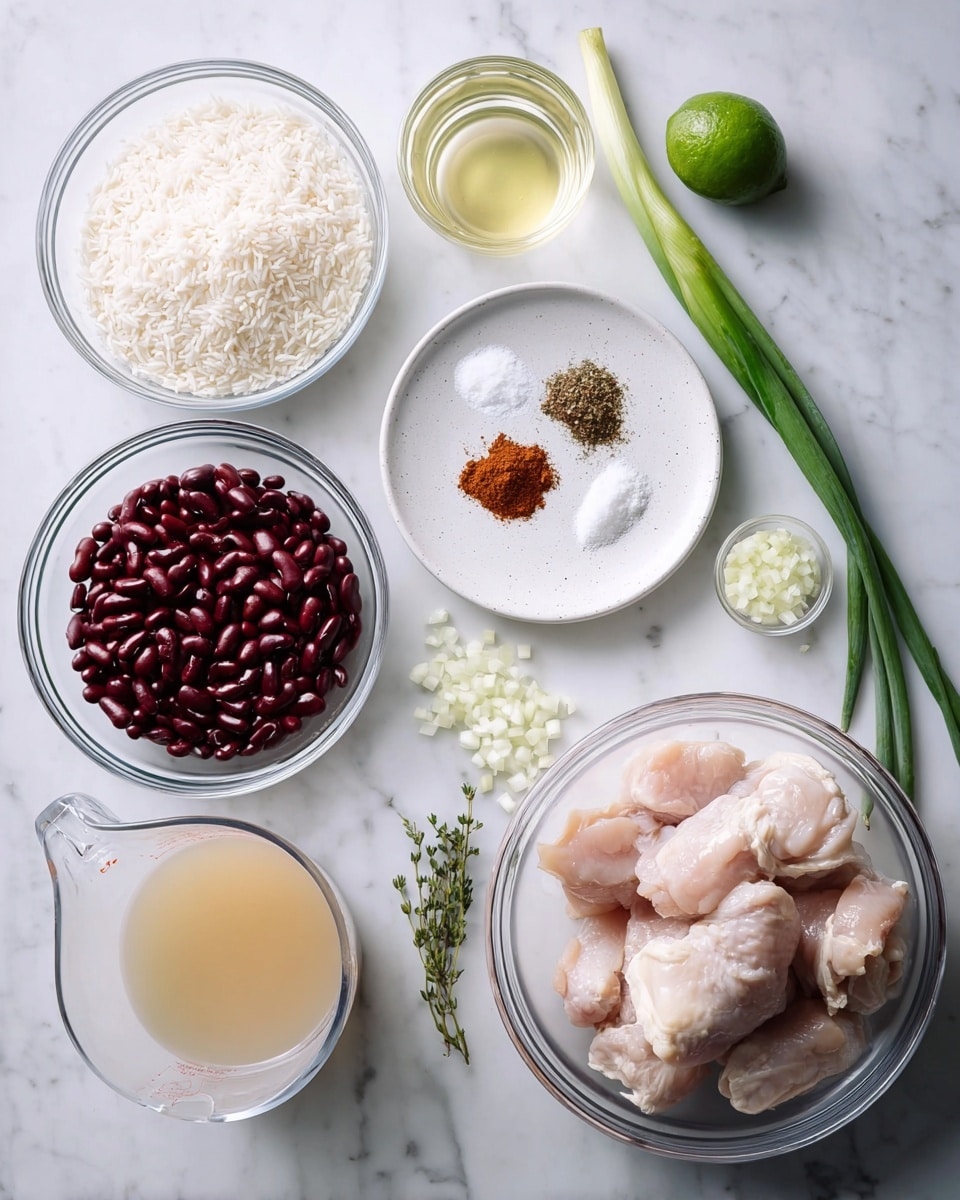The image shows multiple clear bowls and a white plate arranged on a white marbled surface. In the top left corner, there is a clear bowl filled with raw white rice. Below it is another clear bowl with dark red kidney beans. To the right of the rice is a green onion, placed diagonally. Next to the onion is a white plate holding three different spices: a reddish-brown powder, black pepper, and white salt. Above this plate, there is a small clear glass with a light yellow liquid. To the right of the spice plate is a clear bowl with white chopped onions. Below the onions, there is a small green lime and a few sprigs of fresh thyme. A large clear bowl filled with several raw chicken pieces sits in the bottom right corner. Near the chicken bowl, a clear measuring cup holds white coconut milk, and at the bottom left, a clear bowl contains light brown chicken broth. All items are neatly positioned and evenly spaced. photo taken with an iphone --ar 4:5 --v 7