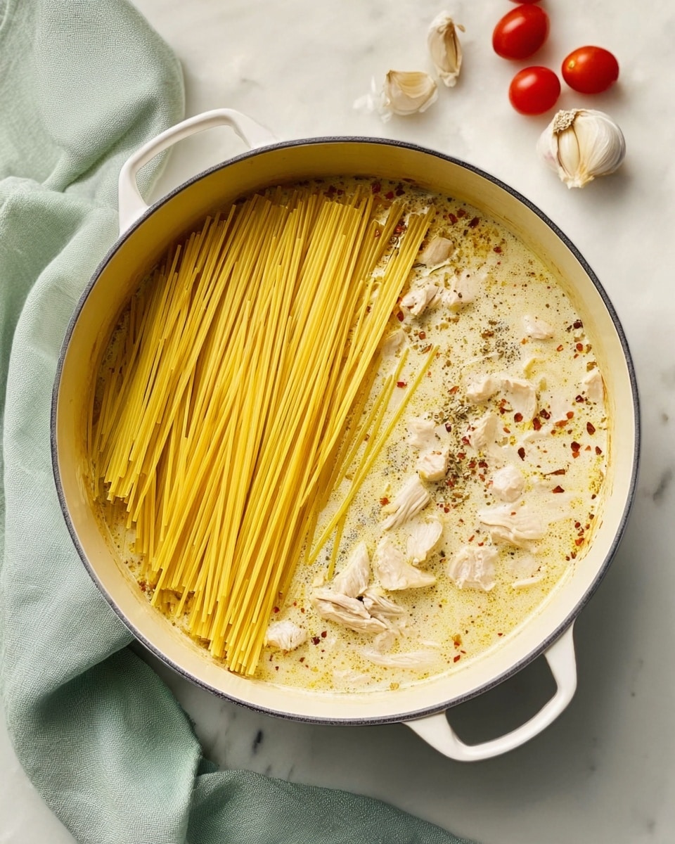 A white round pot filled with creamy broth covers several layers: at the bottom, light beige creamy sauce with specks of herbs and spices; on top, uncooked yellow spaghetti noodles are laid in two piles, slightly sinking into the sauce; scattered pieces of white, tender cooked chicken rest partially buried in the sauce and noodles; the pot sits on a white marbled surface with garlic cloves and cherry tomatoes close by; a pale green cloth is placed to the left side of the pot. photo taken with an iphone --ar 4:5 --v 7