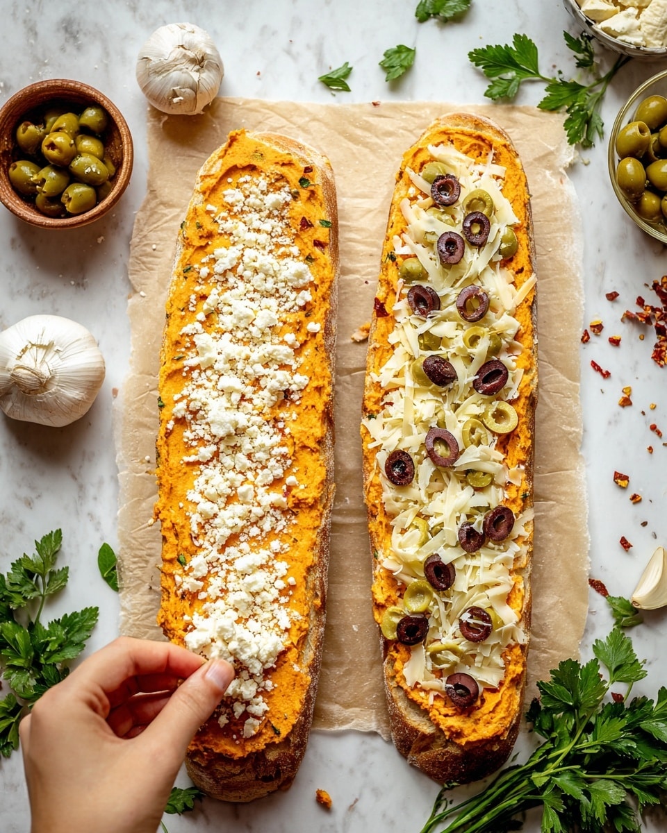 Two long slices of crusty bread lie side by side on a light parchment paper, set on a white marbled surface. Each slice is generously spread with a thick layer of bright orange spread speckled with red flecks. On the left slice, a woman's hand sprinkles a coarse, crumbly white cheese over the orange base. On the right slice, shredded white cheese is spread over the base, topped with scattered sliced green and black olives, adding texture and pops of dark purple and green. Around the bread are fresh green parsley sprigs, a white garlic bulb, and small bowls of cheese and olives, creating a fresh and rustic kitchen scene. Photo taken with an iphone --ar 4:5 --v 7