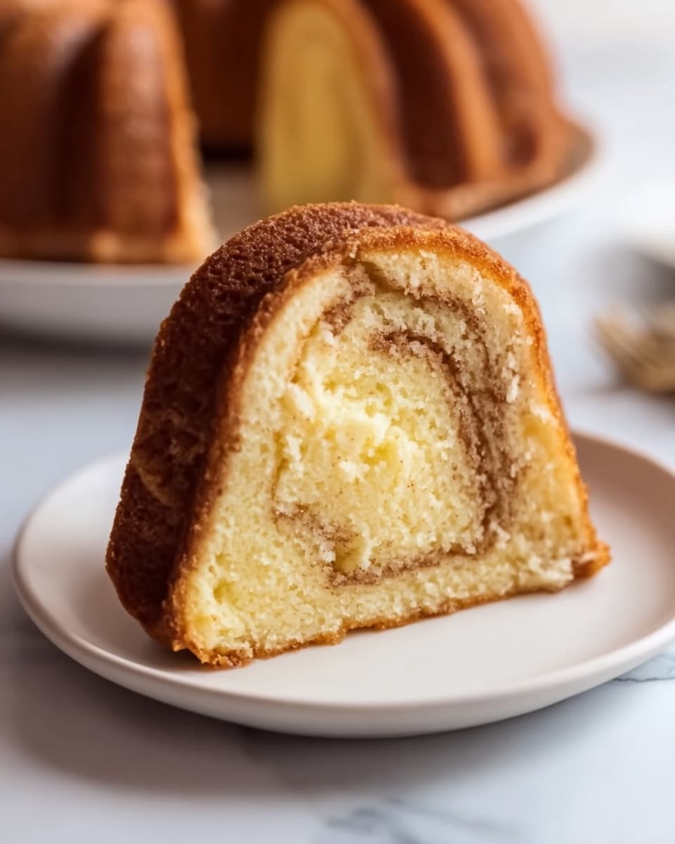 A single slice of bundt cake with a light golden brown outside crust and a soft, pale yellow inside. The inside has a visible swirl of cinnamon or spice running through the middle. The slice sits on a clean white plate, placed on a white marbled surface. The texture of the cake looks moist and slightly fluffy with a subtle crumb. In the background, there is a blurred bundt cake on a white plate. photo taken with an iphone --ar 4:5 --v 7