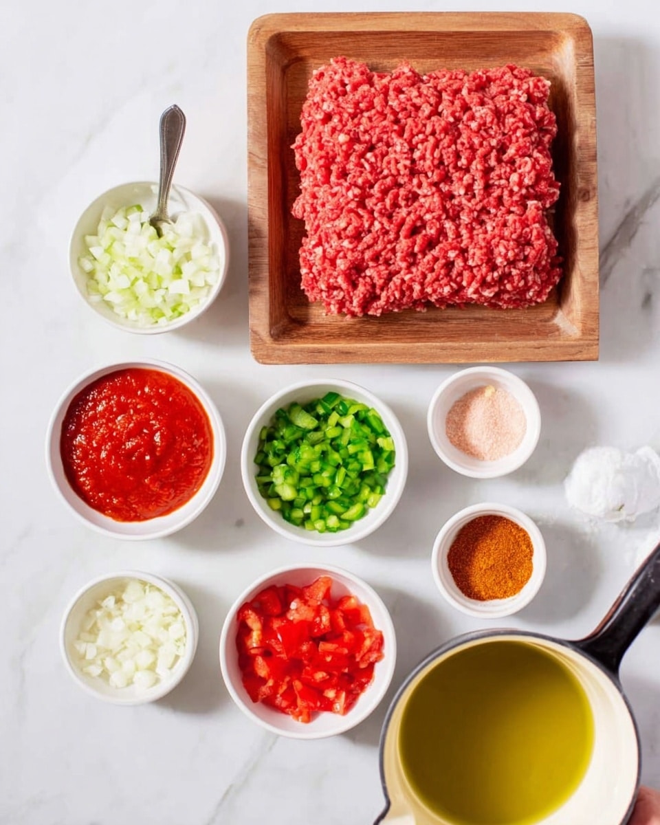 The image shows a wooden tray filled with raw ground meat in the center. Surrounding it are small white bowls with various ingredients: bright red tomato paste, finely chopped green bell peppers, finely chopped white onions, bright red diced tomatoes, ground spices in orange and brown, minced garlic, and pink salt. On the right side, there is a white saucepan with yellow-green oil, and a woman's hand is holding it, pouring the oil slowly. All items are placed on a white marbled surface. photo taken with an iphone --ar 4:5 --v 7