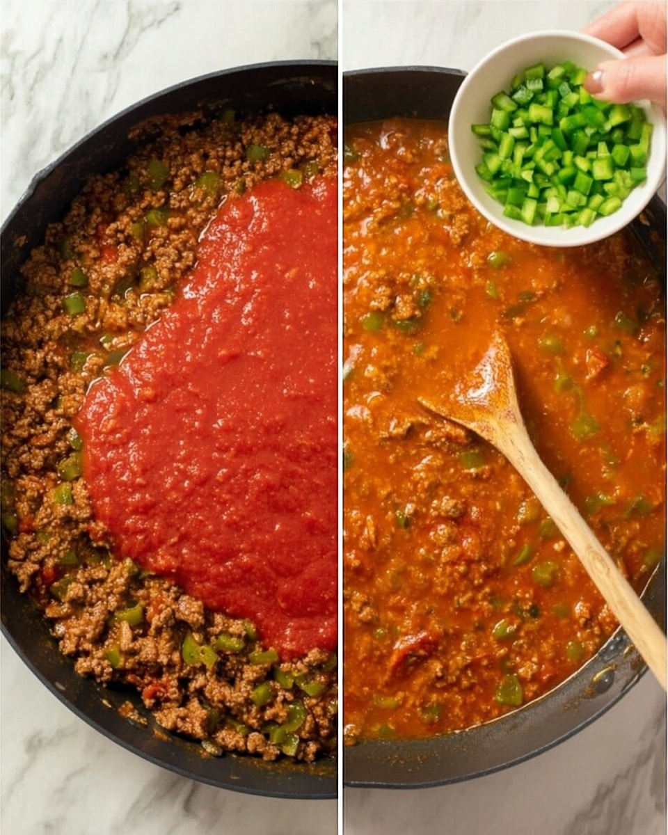 The image shows two side-by-side pictures of a black pan with a tomato meat sauce being made. On the left, the pan has a layer of brown cooked ground meat and small green vegetable pieces in a thin brown liquid, topped with a thick bright red tomato sauce layer in the center. A woman's hand is holding a small white bowl with chopped green peppers above the pan. On the right side, the sauce is fully mixed, showing an even orange-red color with visible bits of meat and green vegetables, with a wooden spoon resting on the surface of the sauce. The pan sits on a white marbled surface. photo taken with an iphone --ar 4:5 --v 7