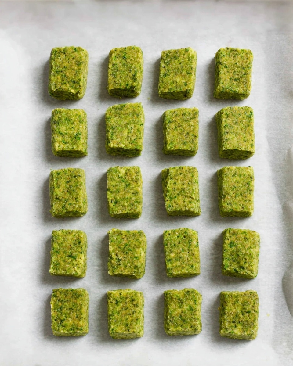 The image shows 16 small, green, rectangular food pieces arranged neatly in four rows and four columns on white baking paper. The pieces have a rough texture with visible bits of herbs or vegetables, giving them a fresh and natural look. The white marbled surface beneath the baking paper is clean and bright, highlighting the green color of the food pieces. Photo taken with an iphone --ar 4:5 --v 7