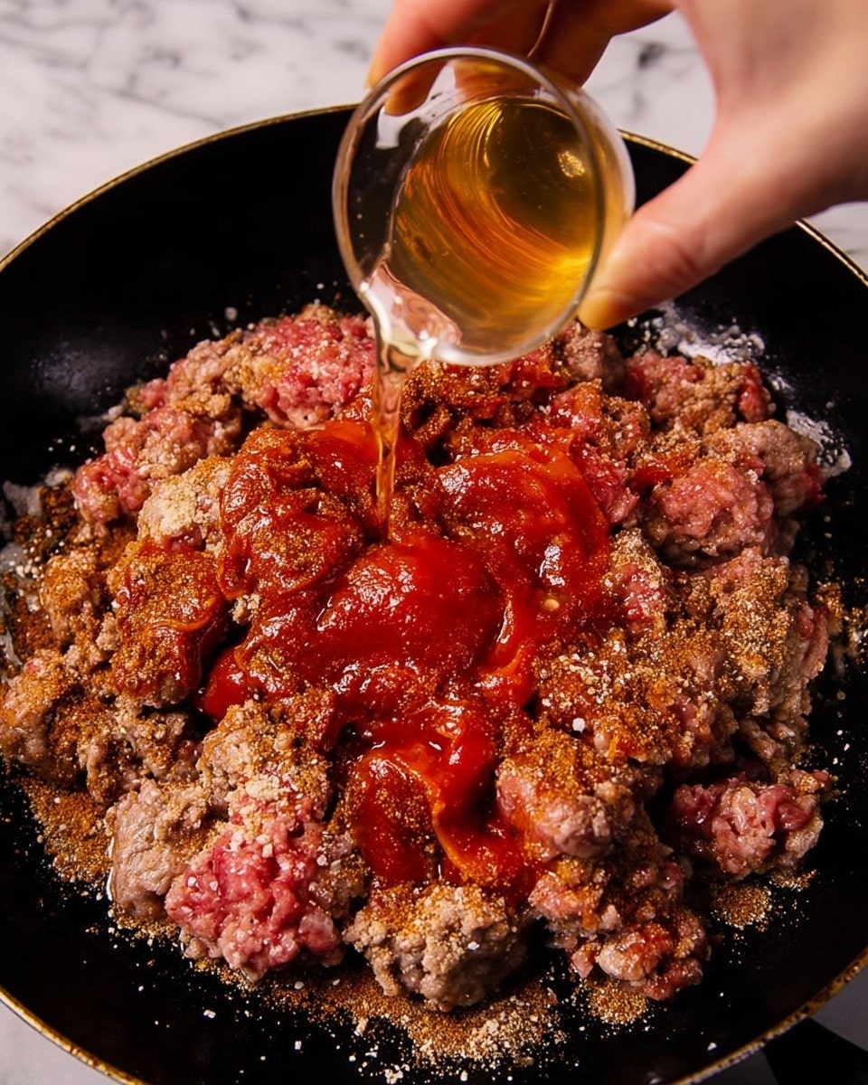 A close-up top view of a black pan filled with raw and partially cooked ground meat chunks spread out unevenly. On top of the meat, there is a layer of reddish-brown dry spices scattered around. Bright red tomato paste dollops are placed among the meat and spices. A woman's hand is seen pouring a clear liquid from a small glass cup into the center of the pan, creating a small splash on the meat and spices. The pan is set on a white marbled surface. photo taken with an iphone --ar 4:5 --v 7