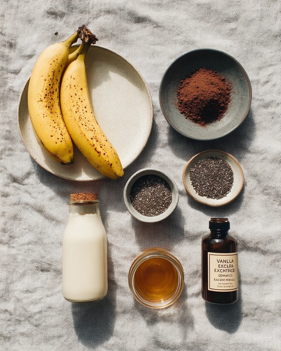 The image shows six ingredients placed neatly on a light gray cloth with a soft texture resembling a white marbled surface. On the top left, two yellow bananas with small brown spots lie side by side on a white plate. To the top right, a small dark gray bowl holds a mound of cocoa powder with a fine, crumbly texture. Below the bananas, another small dark gray bowl contains black and white chia seeds, creating a speckled pattern. To the center right, there is a small clear jar with light brown honey that has a sticky, smooth surface. Above the honey, a clear glass bottle with a cork is filled with a creamy white liquid, likely milk. Below the bottle and to the bottom right, a small dark brown bottle labeled