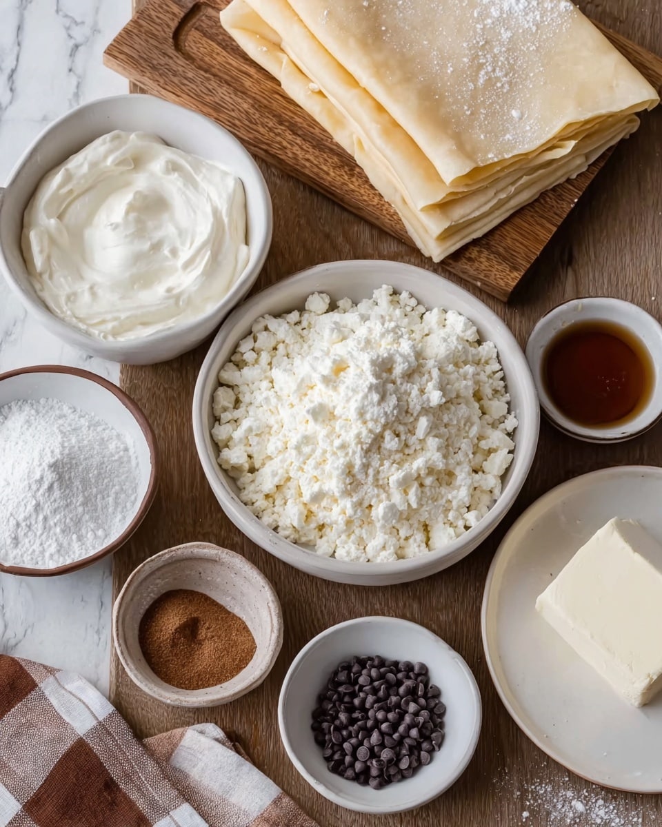 The image shows several white bowls and a small white plate arranged on a wooden surface next to a brown and white checkered cloth. The largest white bowl in the center is filled with white crumbly mixture, likely a cheese or dairy product. To its left, a similar white bowl holds a smooth white creamy substance, possibly whipped cream. Above these, folded sheets of light beige dough with a dusting of flour are stacked on a wooden cutting board. Surrounding the central bowl are smaller white bowls containing fine white powder (sugar or flour), dark brown tiny round pieces (chocolate chips), dark brown powder (cinnamon or spice), a light brown liquid (vanilla extract), and a white block on a plate that looks like cream cheese or butter. The background is a white marbled texture. Photo taken with an iphone --ar 4:5 --v 7
