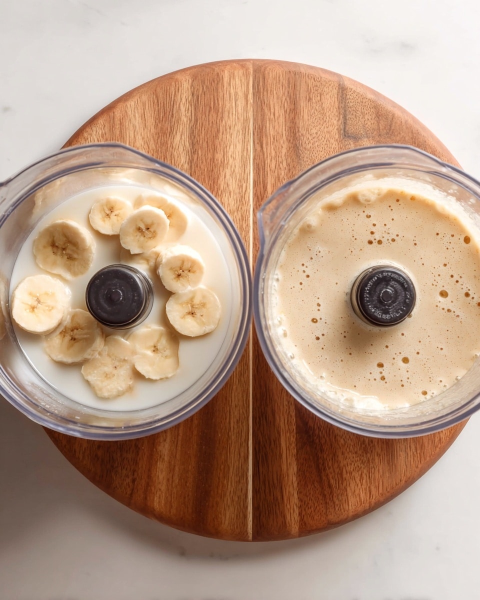 The image shows two clear food processor bowls placed side by side on a small wooden board, all set on a white marbled surface. The left bowl contains sliced banana pieces floating in a layer of milk, visible through the transparent lid with a black center. The right bowl, also with a transparent lid and black center, is filled with a smooth, creamy mixture that looks well blended with small bubbles on the surface, showing that the ingredients have been fully mixed photo taken with an iphone --ar 4:5 --v 7