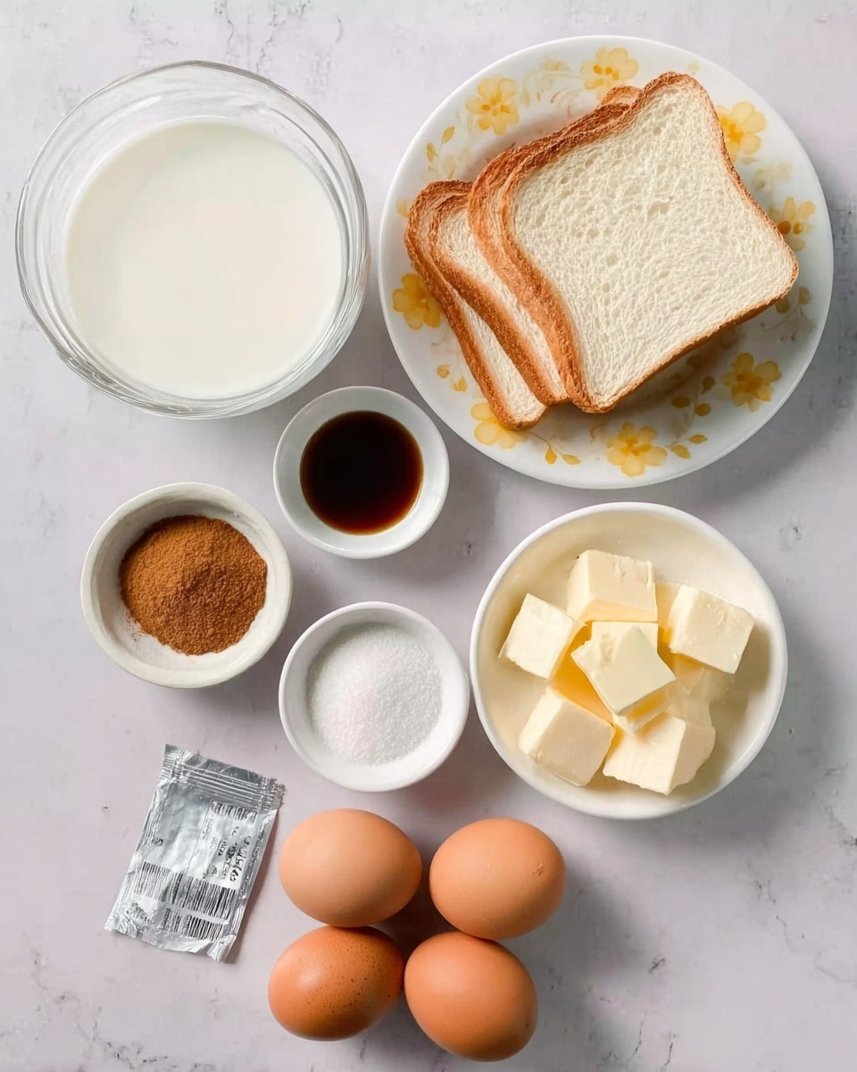 The image shows ingredients laid out on a white marbled surface. There is a clear glass bowl filled with white milk in the top left corner. To the right, there is a white plate with a yellow floral design holding three slices of white bread stacked slightly irregular. Below the milk bowl, there is a small white bowl with a cinnamon powder, and next to it, another small white bowl with light yellow butter cubes. To the right of the butter, there is a group of four brown eggs arranged close together. Below the eggs, there is another small white bowl containing white sugar, and to its left, a small white bowl with a dark brown liquid, likely vanilla extract. At the bottom left corner, a small packet of white granulated ingredient is placed. The background is a clean white marbled surface. Photo taken with an iphone --ar 4:5 --v 7