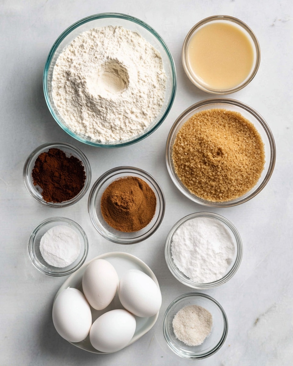 The image shows seven clear glass bowls and one white bowl with ingredients arranged on a white marbled surface. The largest bowl in the center holds white flour with a small dip in the middle. To the right of it is a bowl filled with light brown sugar, coarse in texture. Above the flour is a bowl containing a beige liquid, likely a wet ingredient, while above it are two smaller bowls with ground cinnamon and dark brown powder, possibly coffee. To the left bottom corner is a white bowl holding two whole white eggs. Smaller bowls with white baking powder and salt are spaced around the central bowls, creating a clean and organized layout. photo taken with an iphone --ar 4:5 --v 7