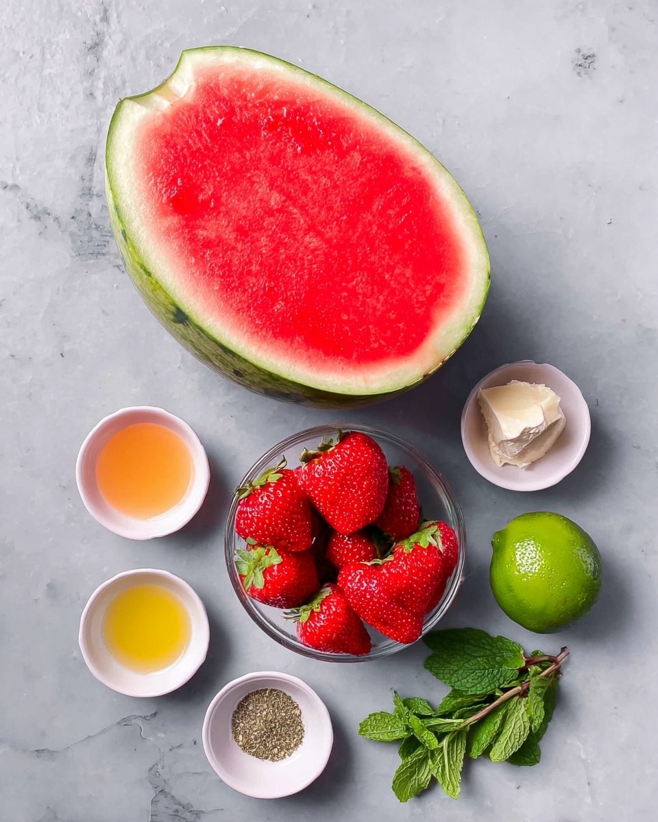The image shows a large half watermelon with bright red flesh and a green rind placed on the upper right on a white marbled surface. Below it, there is a clear glass bowl filled with fresh red strawberries with green tops. Around the bowl, from left to right, there are five small white bowls: one with light orange juice, one with a white powder and a chunk of a beige solid, one with some yellow liquid, one with a mix of salt and pepper, and a lime green fruit next to a small bunch of bright green mint leaves on the bottom right. The colors are vivid and the textures range from smooth liquids to rough fruit skin. Photo taken with an iphone --ar 4:5 --v 7