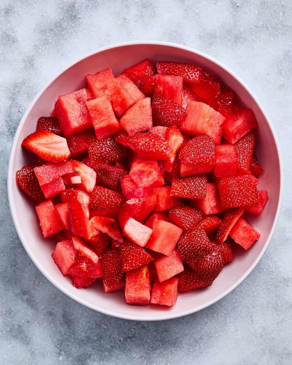 A white bowl filled with a mix of fresh, red fruits including strawberry pieces and watermelon chunks. The strawberries are cut into halves and quarters showing their bright red outside and pale interior, mixed evenly with square-cut watermelon pieces that have a similar red color but a smoother texture. The bowl sits on a white marbled surface, creating a clean and fresh look. photo taken with an iphone --ar 4:5 --v 7