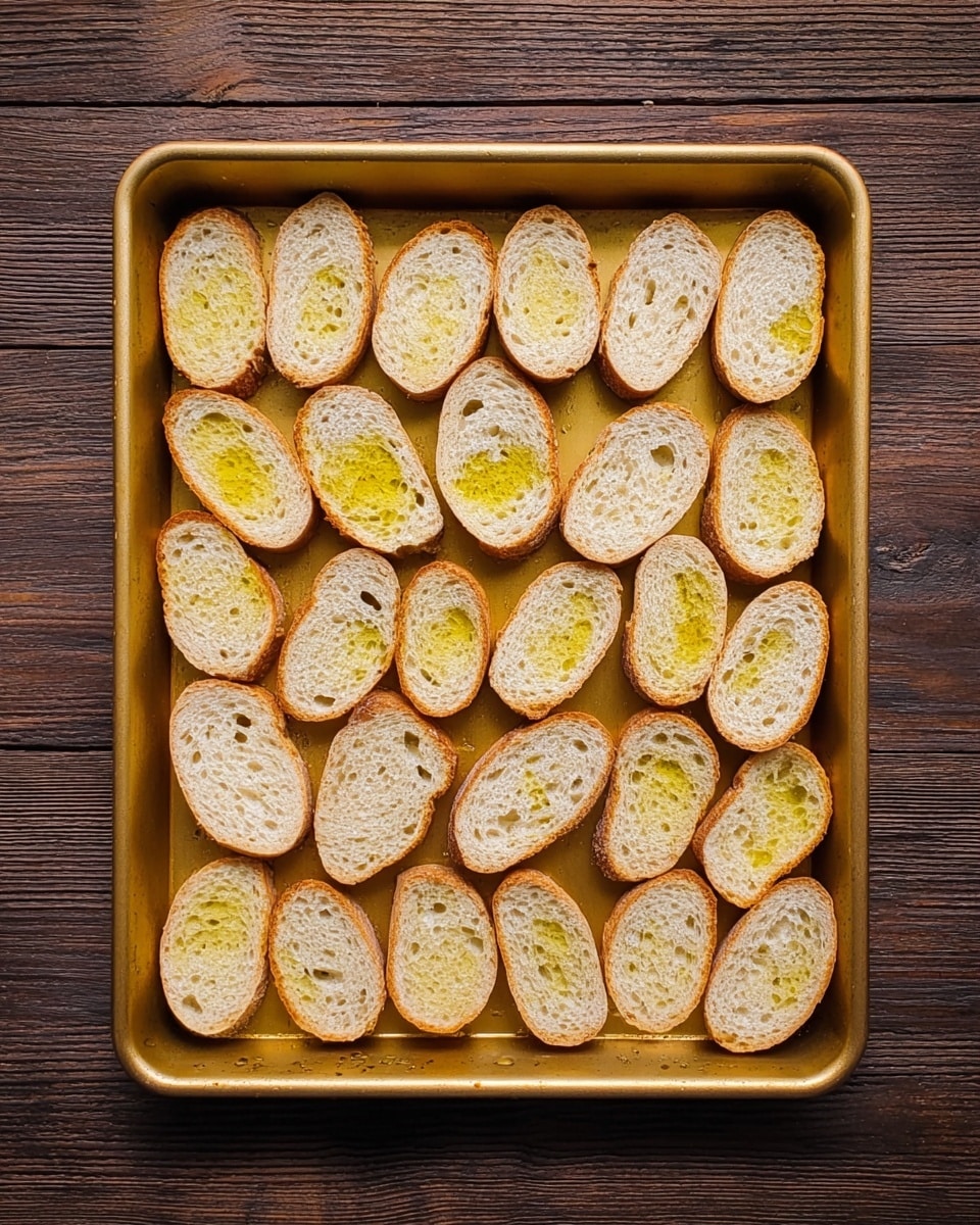 The image shows a gold-colored baking tray filled with 24 small oval slices of bread, each topped with a light spread of yellow olive oil. The bread slices are arranged in neat rows, covering the tray evenly. The bread has a light brown crust and a soft, pale inner texture with small holes throughout. The tray sits on a dark wooden surface. photo taken with an iphone --ar 4:5 --v 7