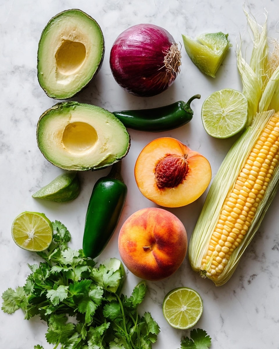 The image shows a white marbled surface with fresh ingredients spread out. There are two halves of an avocado with bright green and creamy yellow flesh, one half showing the brown seed. Next to the avocado, there are two dark green jalapeño peppers. A yellow corn cob partially wrapped in its light green husk is placed on the right. Near the center, there are two orange peaches, one whole and one cut in half showing the reddish-brown pit. A whole red onion with its papery skin is on the left side. Two lime halves show bright green, juicy flesh, and fresh dark green cilantro leaves are scattered around the scene. The image captures a fresh and colorful mix of ingredients on a white marbled background photo taken with an iphone --ar 4:5 --v 7