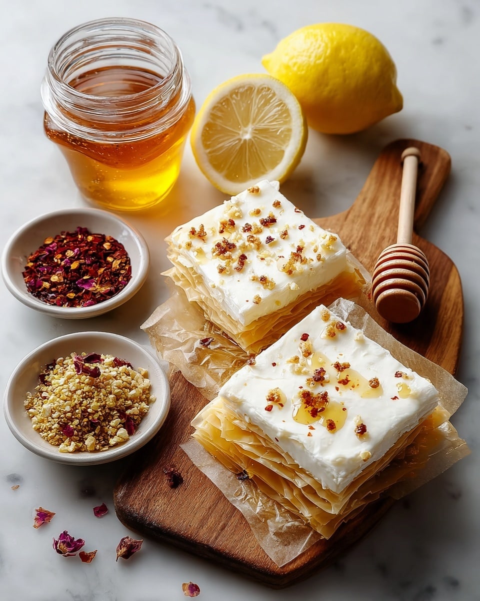 The image shows two square pieces of a layered dish placed on a small wooden board over a white marbled texture. Each piece has several thin, crinkled layers of golden translucent pastry at the bottom, topped with a smooth white creamy layer sprinkled with small brownish bits. One piece has honey drizzled over it, adding a shiny amber color on top. Next to the board, there are two small white bowls filled with red chili flakes and rose petal flakes. A whole lemon and a half lemon with the inside exposed are placed nearby, along with a glass jar filled with golden honey and a wooden honey dipper inside it. Photo taken with an iphone --ar 4:5 --v 7