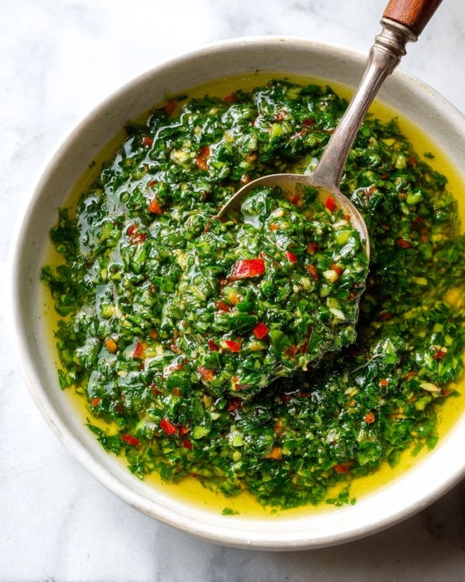 A white shallow bowl filled with a bright green sauce made from finely chopped herbs and garlic, mixed with oil that adds a shiny texture. Tiny bits of red chili peppers are scattered throughout, adding small pops of color. A silver spoon with a wooden handle rests in the bowl, scooping up some of the vibrant herb mixture. The bowl sits on a white marbled surface. Photo taken with an iphone --ar 4:5 --v 7