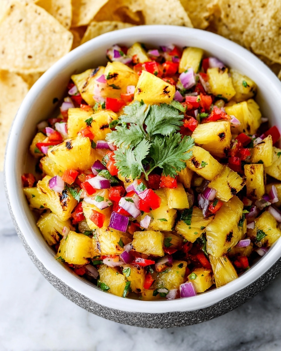 A white bowl filled with a colorful mix of chopped grilled pineapple pieces that are yellow with light char marks, red bell pepper cubes, small purple onion chunks, and tiny green jalapeño bits. The mixture is fresh and vibrant, topped with a few sprigs of green cilantro leaves. The bowl sits in a gray stone bowl on a white marbled surface, with some tortilla chips partially visible in the background. photo taken with an iphone --ar 4:5 --v 7
