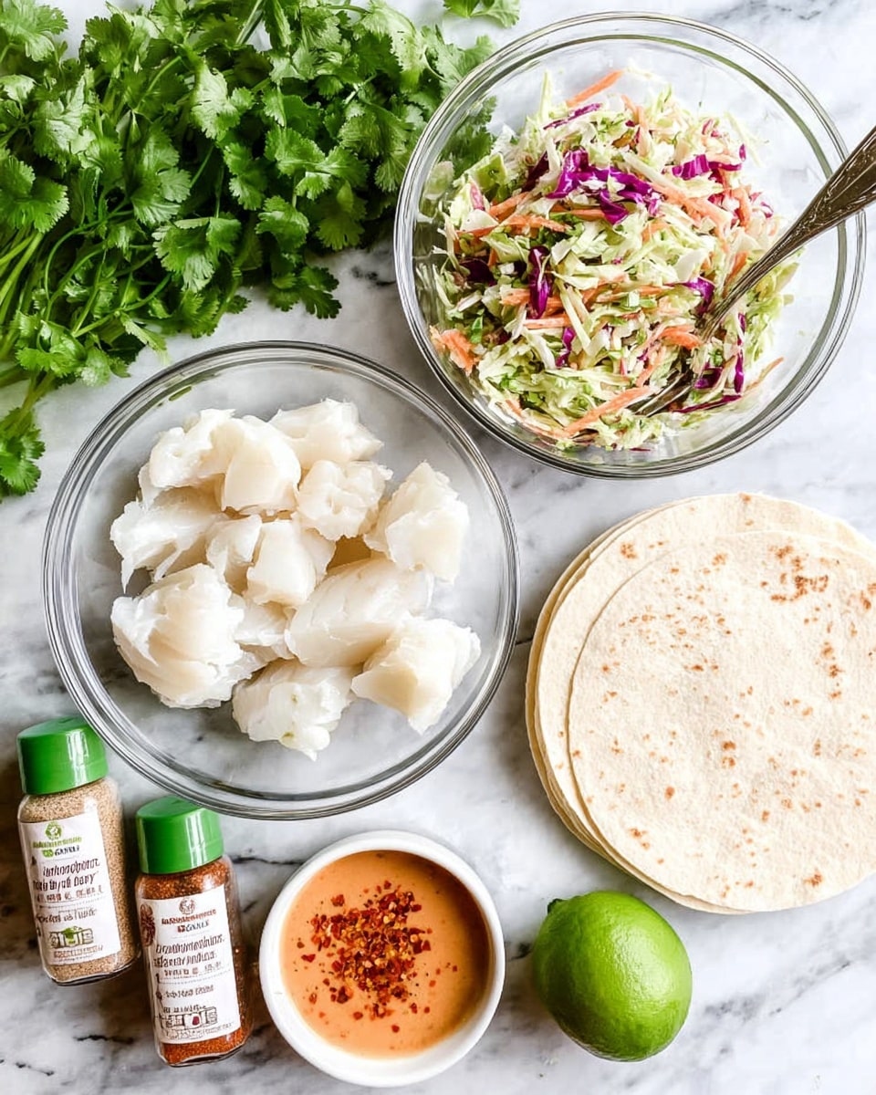 The image shows a food setup on a white marbled surface. At the center, there is a clear bowl filled with white fish pieces arranged loosely. Above it, a clear bowl contains mixed coleslaw with green, orange, and purple shredded vegetables with a metal fork inside. To the right, a halved lime and a whole lime are placed near a stack of white tortillas. Below the fish bowl, there is a small white bowl of orange sauce with red specks. To the left of the fish, two bottles of spices lie tilted, one green-capped labeled cumin powder, and the other red-capped labeled chili powder. A bunch of fresh green cilantro is placed at the top left corner. Photo taken with an iphone --ar 4:5 --v 7