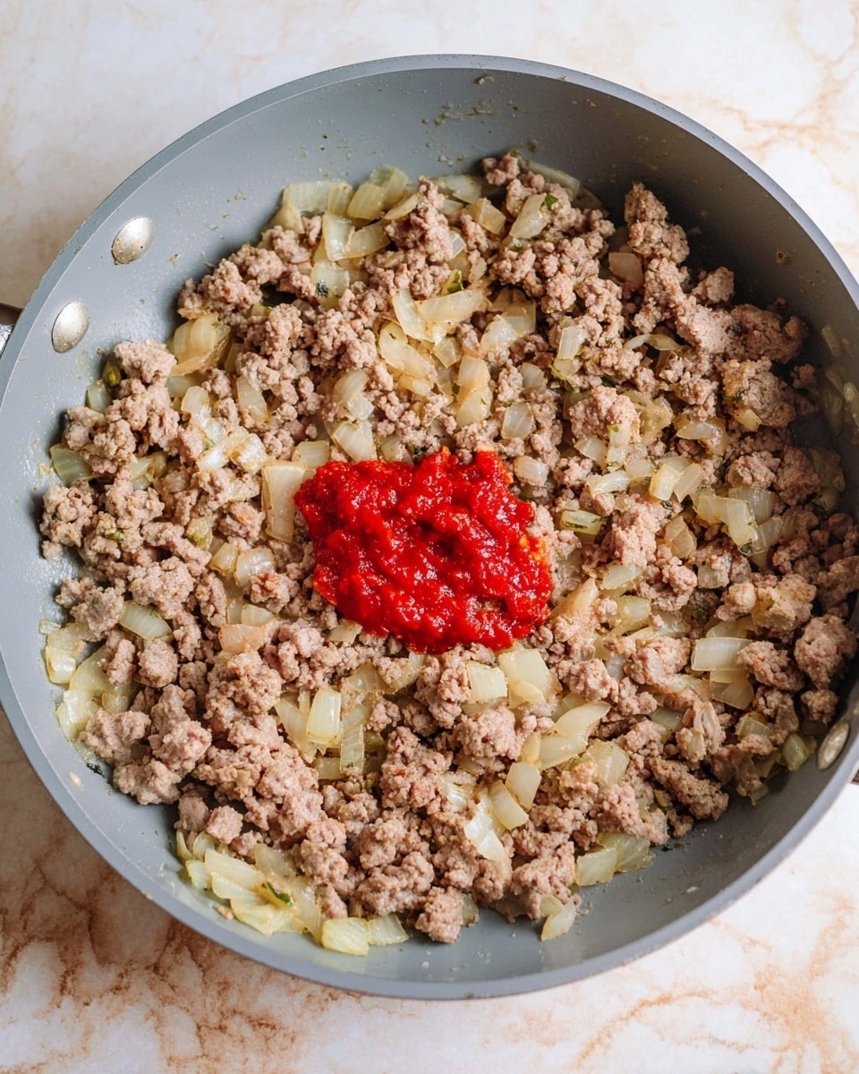 A gray pan holds cooked ground meat mixed with chopped light yellow onions spread evenly across the pan. In the center, there is a small dollop of bright red tomato paste sitting on top of the meat and onions. The pan is placed on a white marbled surface. Photo taken with an iphone --ar 4:5 --v 7
