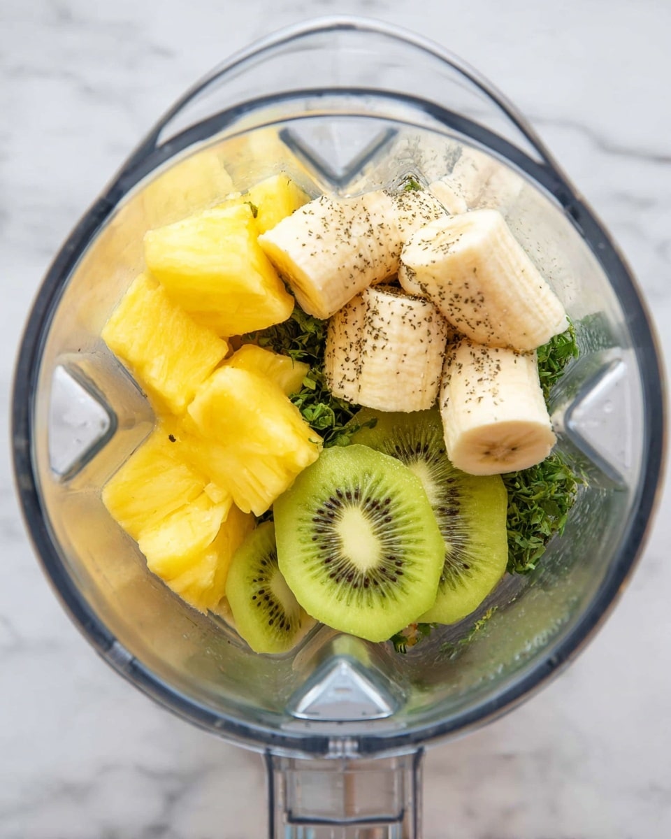 Inside a clear blender container, there are visible chunks of yellow pineapple on the left side, followed by frozen light beige banana pieces that show a soft texture with some darker seeds sprinkled on top. Toward the right side, there are bright green kiwi slices with black seeds neatly arranged, and some green leafy herbs beneath the fruits add contrast. The background is a white marbled surface seen through the blender edges. photo taken with an iphone --ar 4:5 --v 7