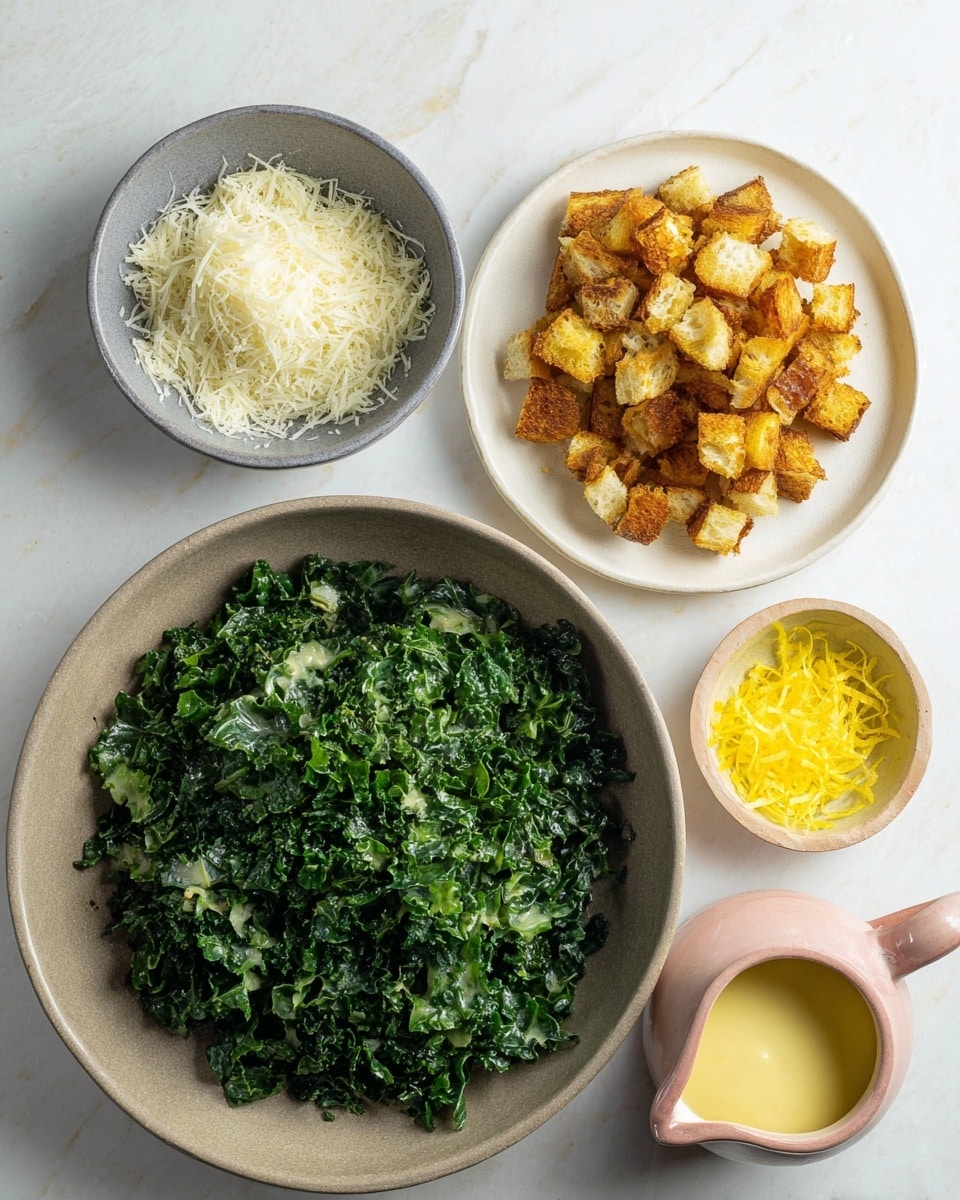 The image shows four bowls and a small pitcher on a white marbled surface. In the biggest bowl at the bottom, there is a large layer of chopped dark green kale with a rough texture. To the top right, a white plate holds a pile of toasted bread pieces in light brown and golden yellow shades, with a crunchy look. Below the plate, a small bowl contains bright yellow lemon zest shreds. To the left, a gray bowl is filled with a layer of finely grated white cheese that looks soft and fluffy. Just above the cheese, a small pinkish ceramic pitcher holds a creamy yellow dressing with a smooth texture. Photo taken with an iphone --ar 4:5 --v 7